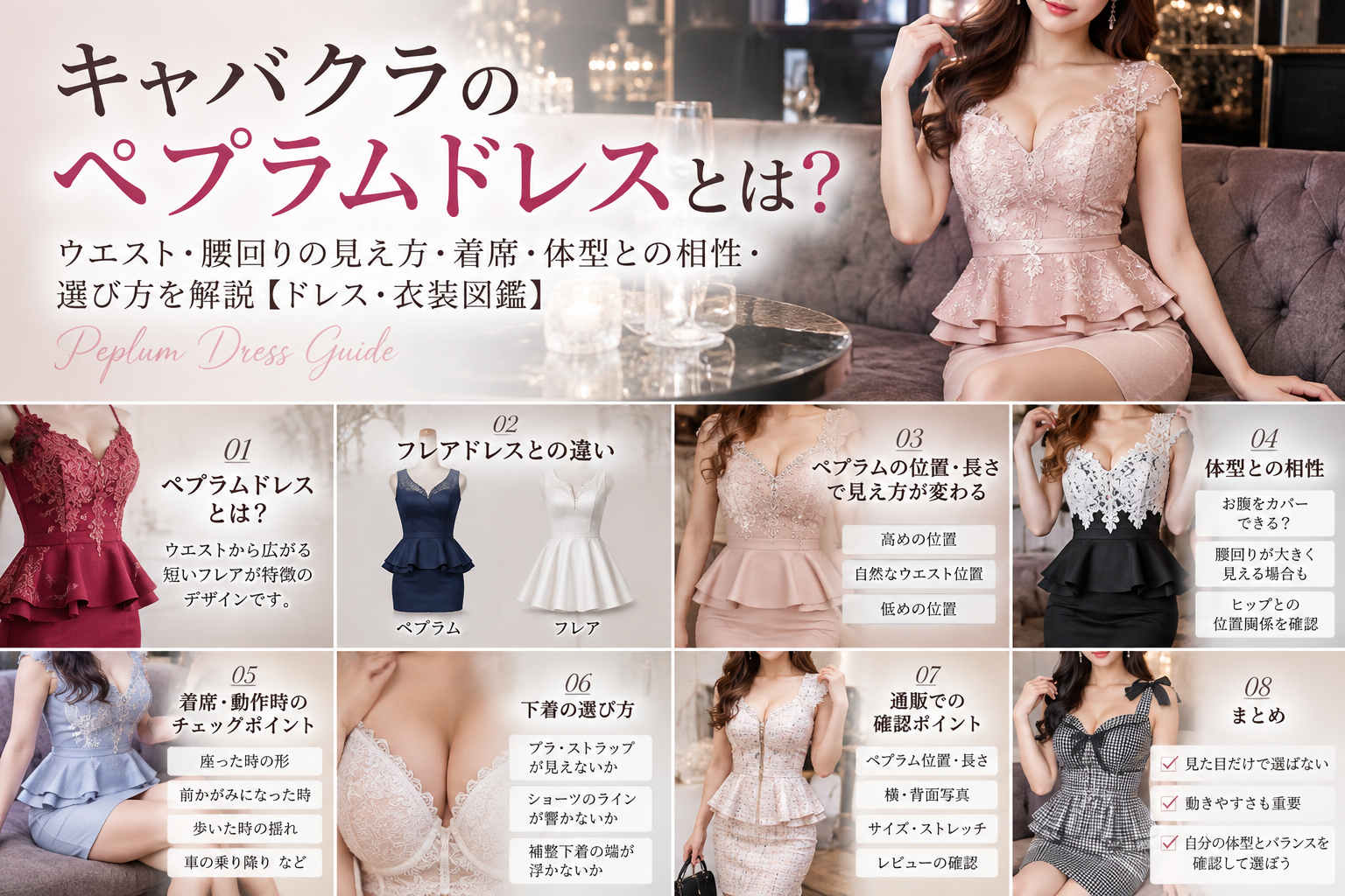 ペプラムドレスで座る・前かがみ・身体をひねる・歩く・階段・車の乗り降りをした時の動きやすさを確認する図解