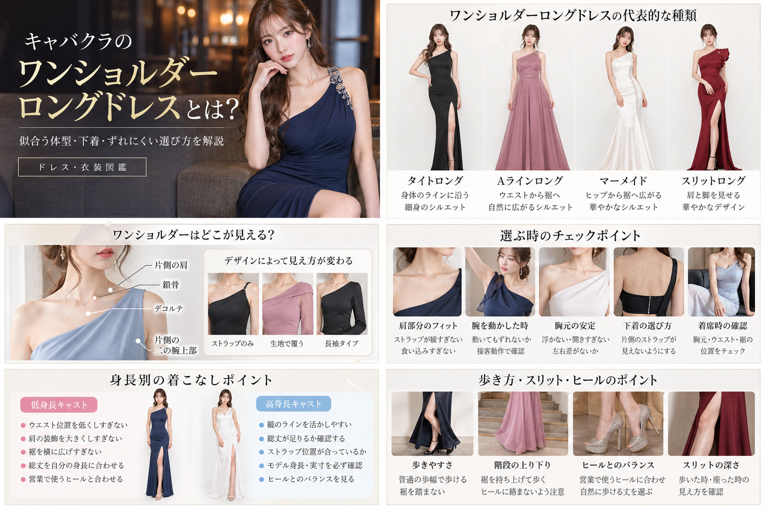 ワンショルダーロングドレスの種類・肩の見え方・ずれにくい選び方・歩き方・身長別のポイントをまとめた画像