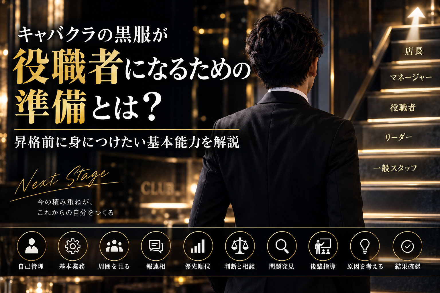 キャバクラの黒服が役職者へ昇格する前に身につけたい自己管理・基本業務・報連相・優先順位・判断力・問題発見・後輩指導などの基本能力を示した図解