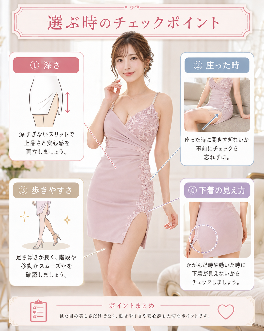 スリット入りミニドレスの立ち姿と座り姿で脚やスリットの見え方がどう変わるかを比較した画像