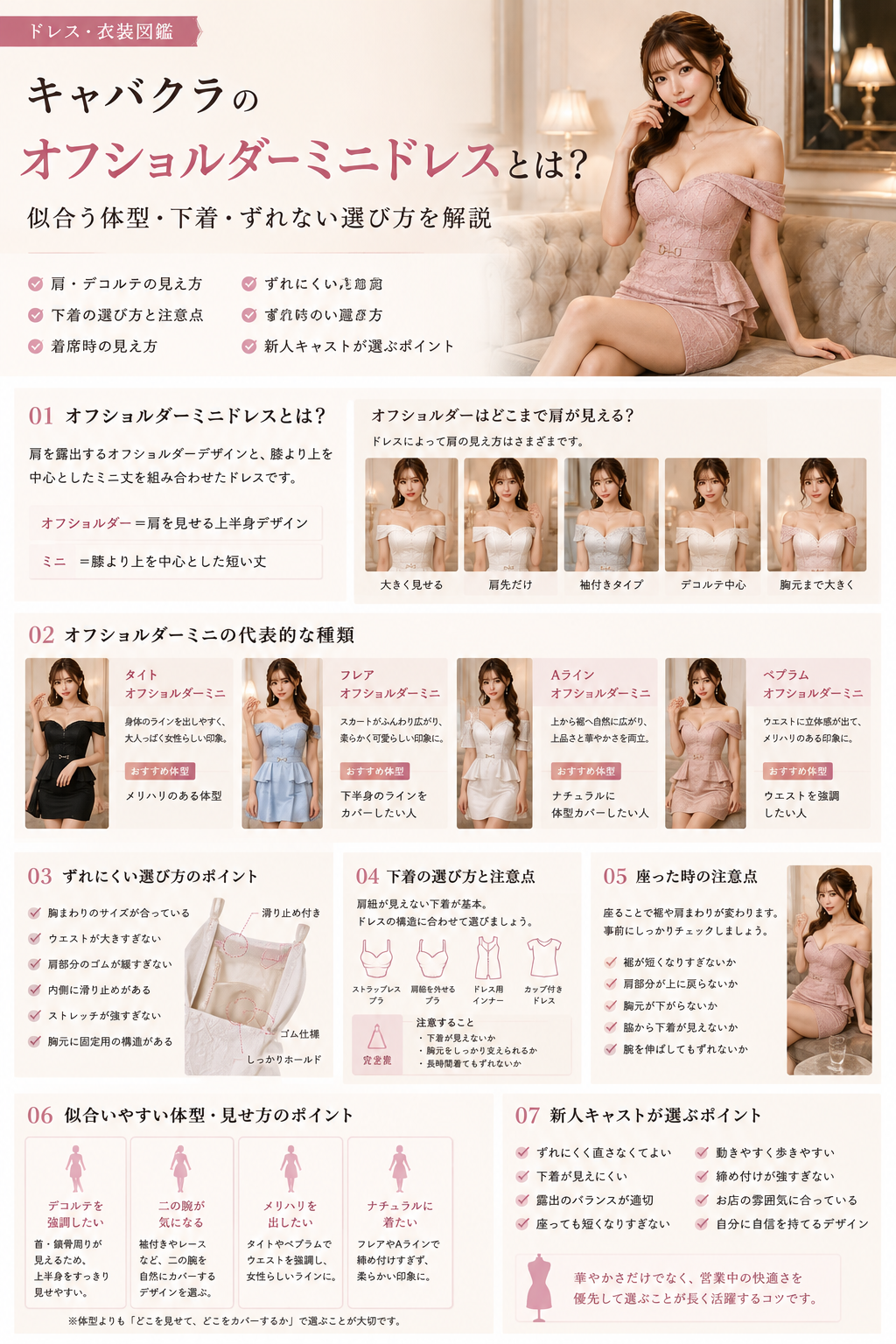 オフショルダーミニドレスの肩の見え方・代表的な種類・ずれにくい選び方・下着・着席時・新人向けポイントをまとめた画像