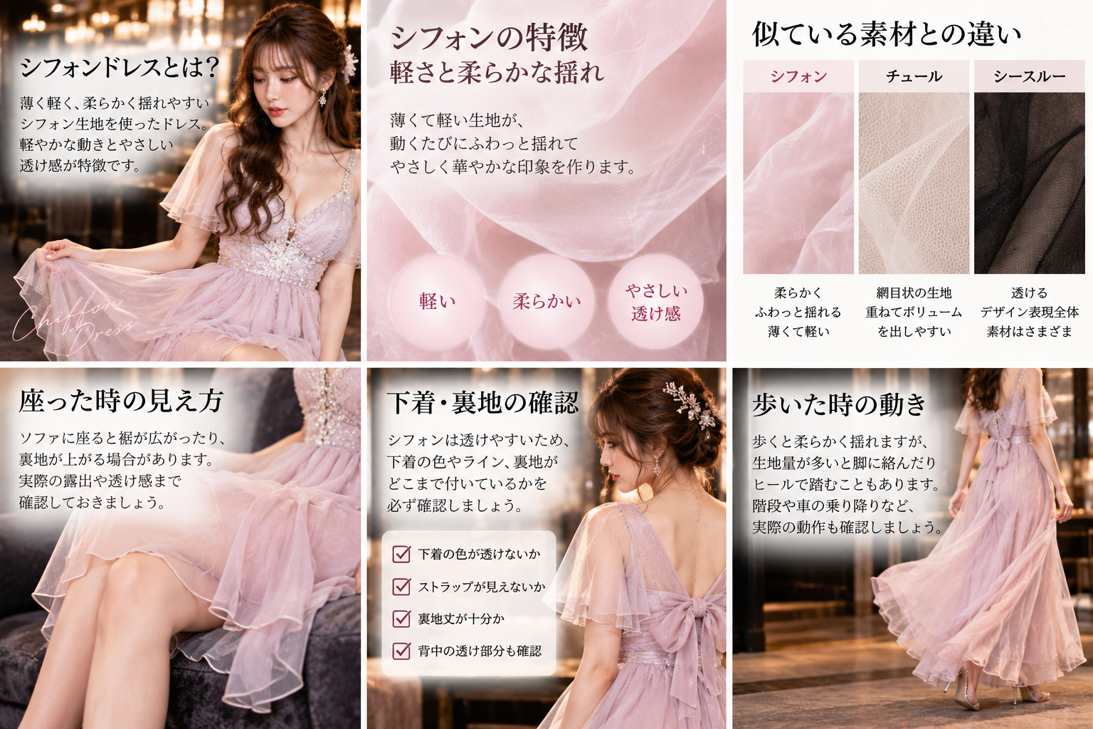 シフォン・チュール・シースルー・サテンの素材や透け感、質感の違いを比較した図解