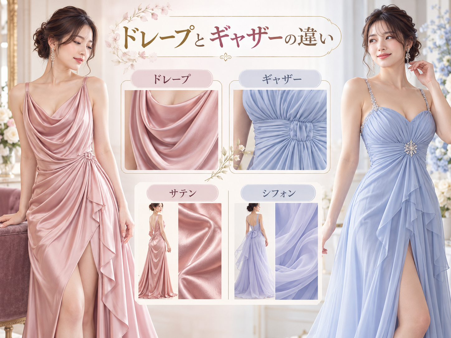 ドレープドレスの胸元の浮き・ウエスト位置・サイズ感・下着ラインを確認するポイントを解説した図解