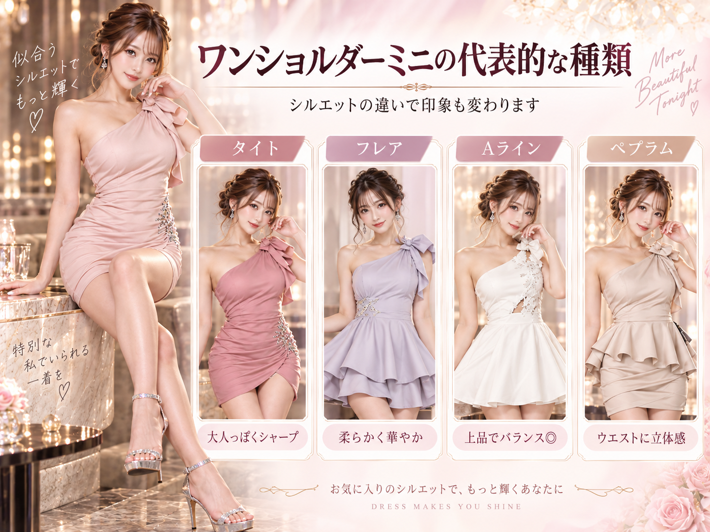 ワンショルダーミニドレスに合わせるストラップレスブラ・肩紐を外せるブラ・ワンショルダー対応インナー・カップ付きドレスを解説した画像