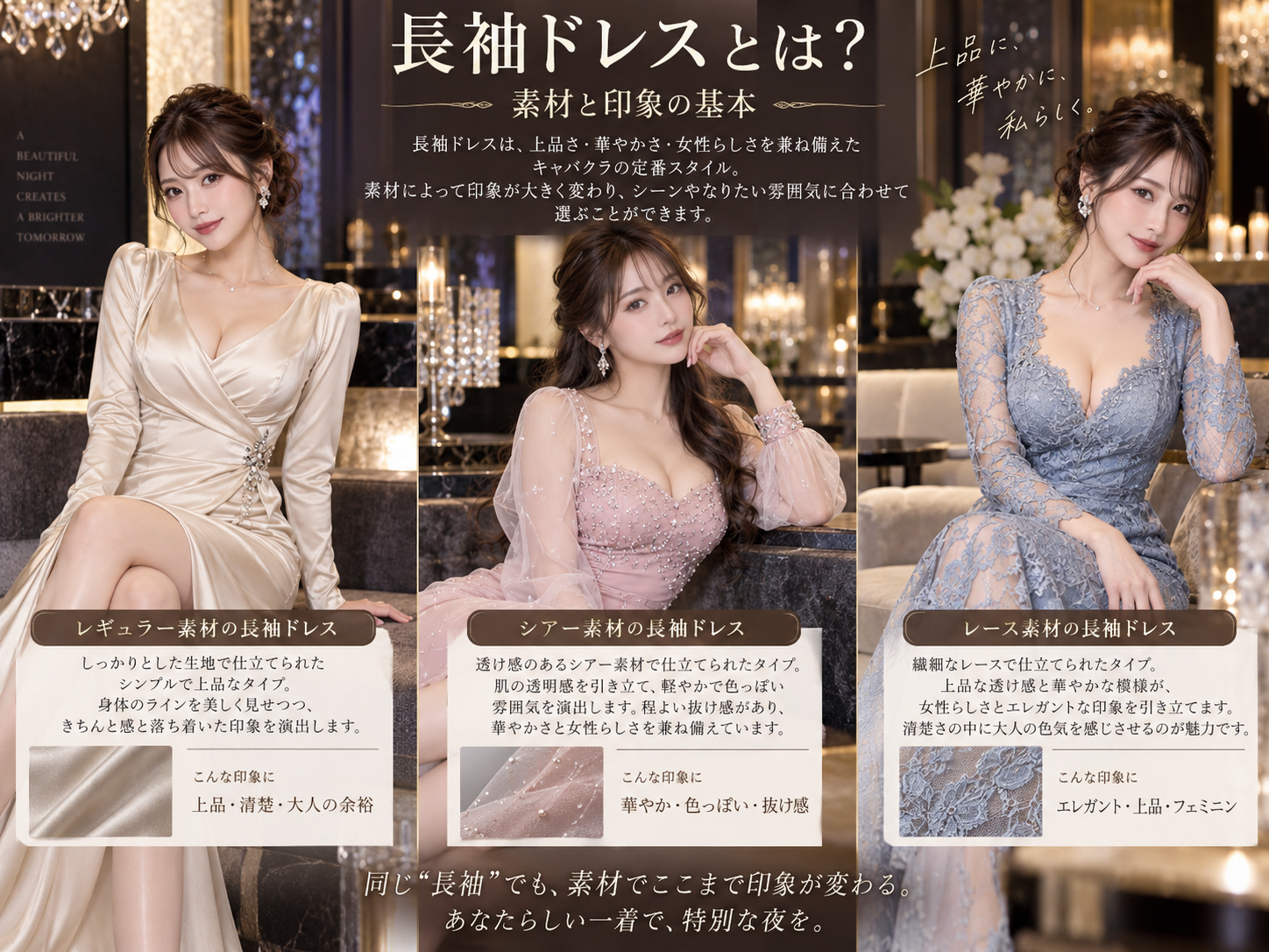 長袖ドレスで座る・前かがみ・腕を伸ばす・歩くなど営業中の動きやすさを確認する図解