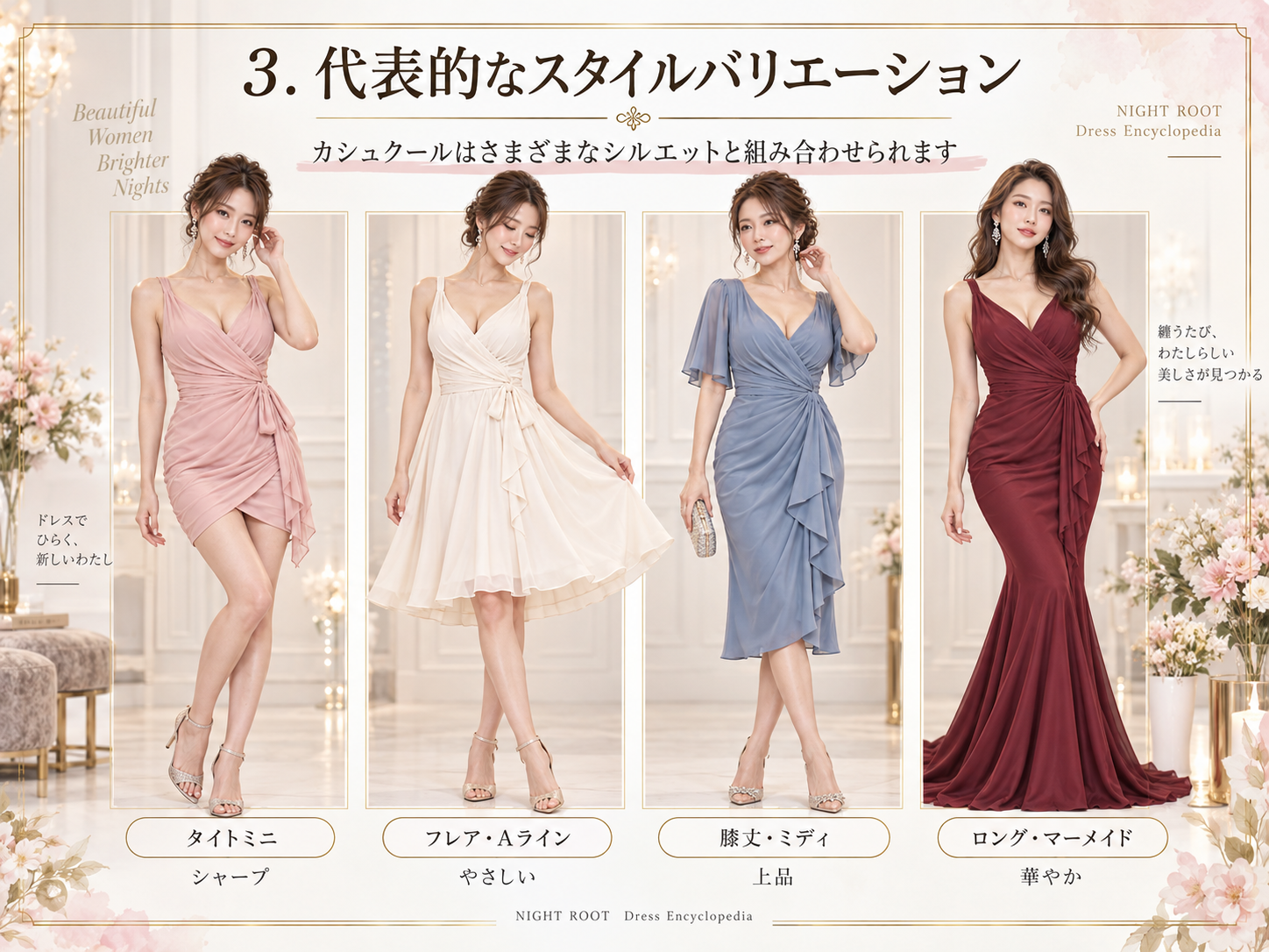 カシュクールドレスのタイト・Aライン・ミディ・ロングなど代表的なシルエット比較