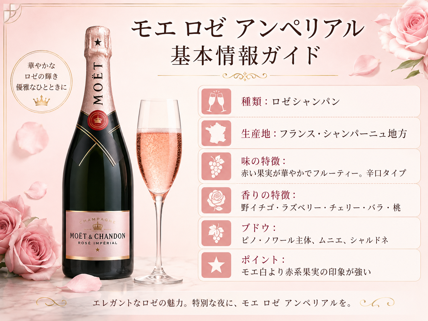 モエ ロゼ アンペリアルの種類・産地・味・香り・ブドウ品種・モエ白との違いをまとめた基本情報図解