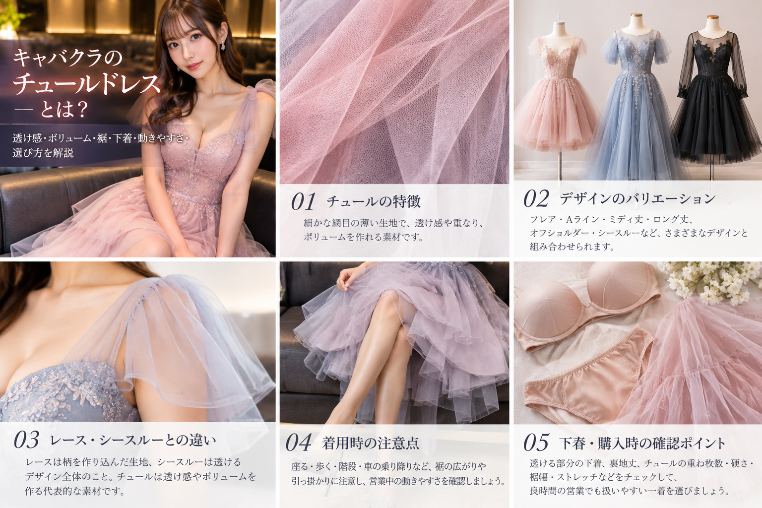 チュールドレスの裏地丈・透け感・下着の見え方と、座った時の裾の広がりを確認する図解