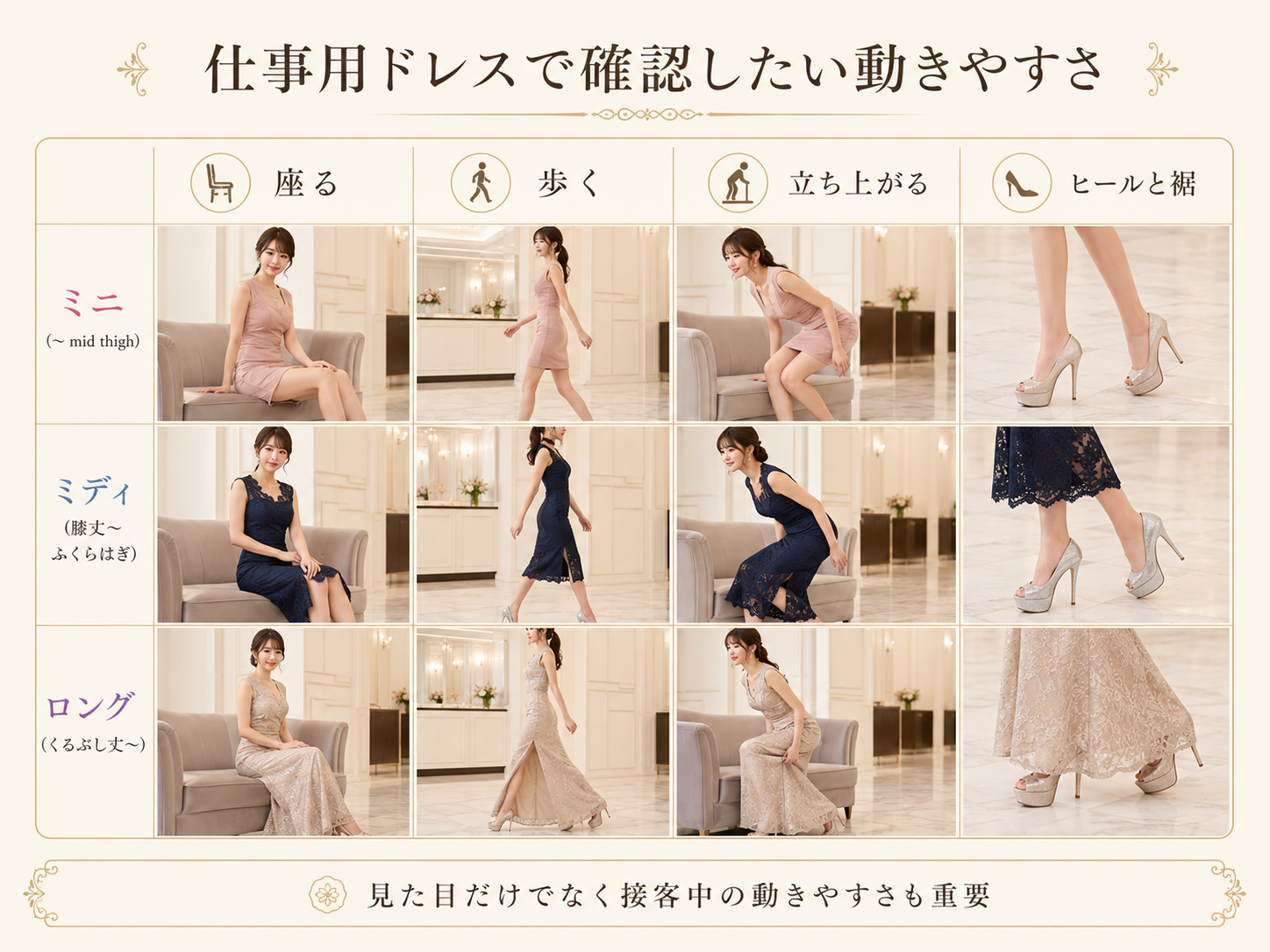 ミニ・ミディ・ロングドレスを座った時の丈の見え方を比較した画像