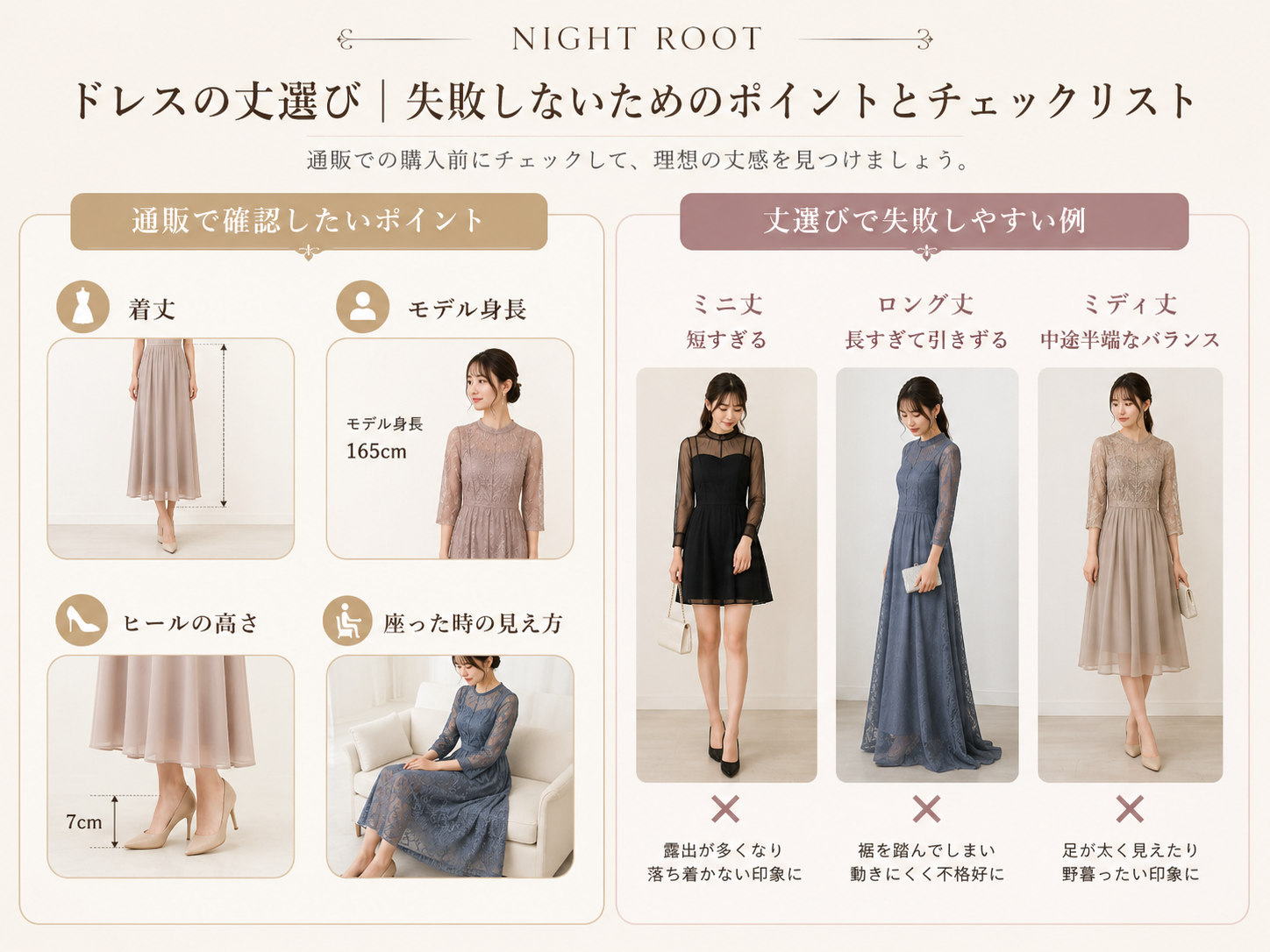 キャバドレスのミニ・ミディ・ロングの丈を比較した画像