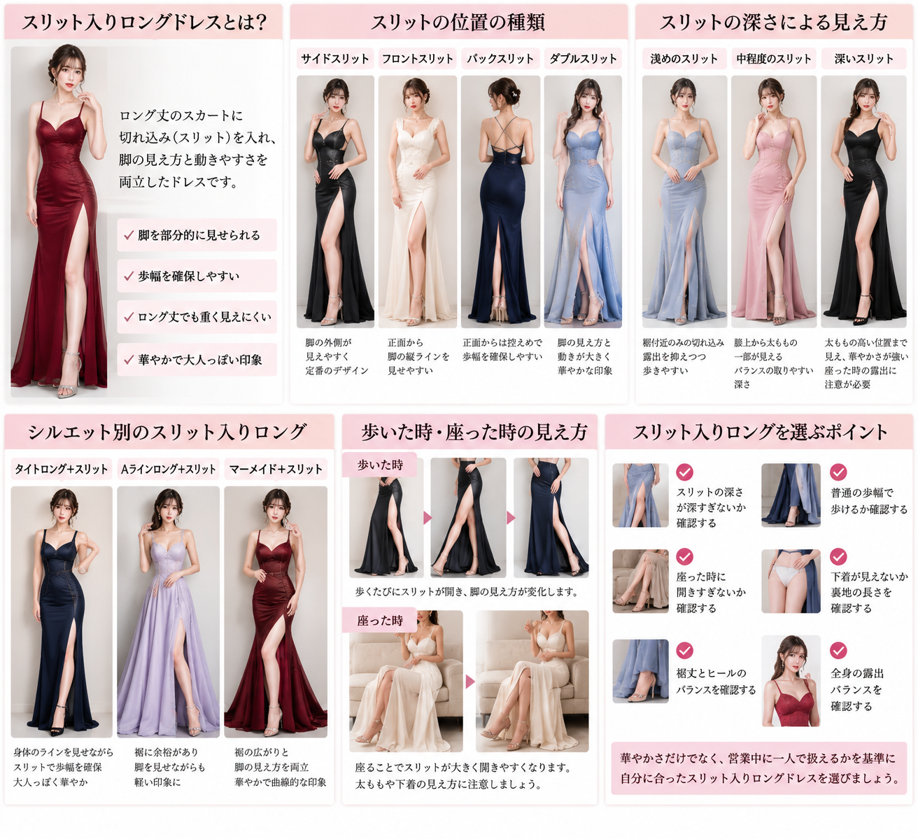 スリット入りロングドレスの特徴・スリット位置・深さ・シルエット・歩行時・着席時の見え方をまとめた画像