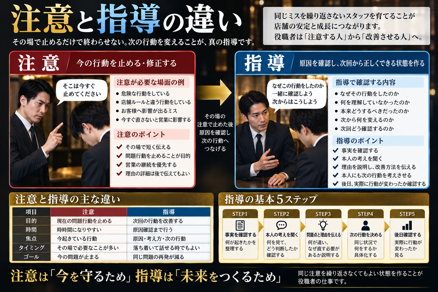 キャバクラの黒服教育における注意と指導の違いを比較し、注意が今の問題行動を止める対応、指導が原因を確認して次の行動改善につなげる対応であることを解説した図解