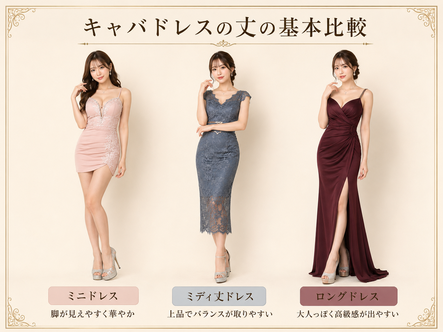 キャバドレスの丈選びで確認したい着丈・モデル身長・ヒール・座った時の見え方をまとめた画像
