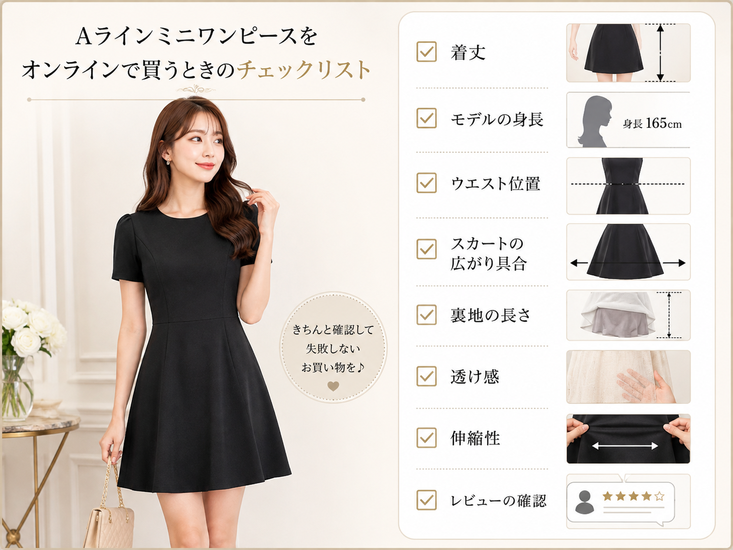 Aラインミニドレスの特徴・ウエストライン・裾の広がり・おすすめポイントを解説した画像
