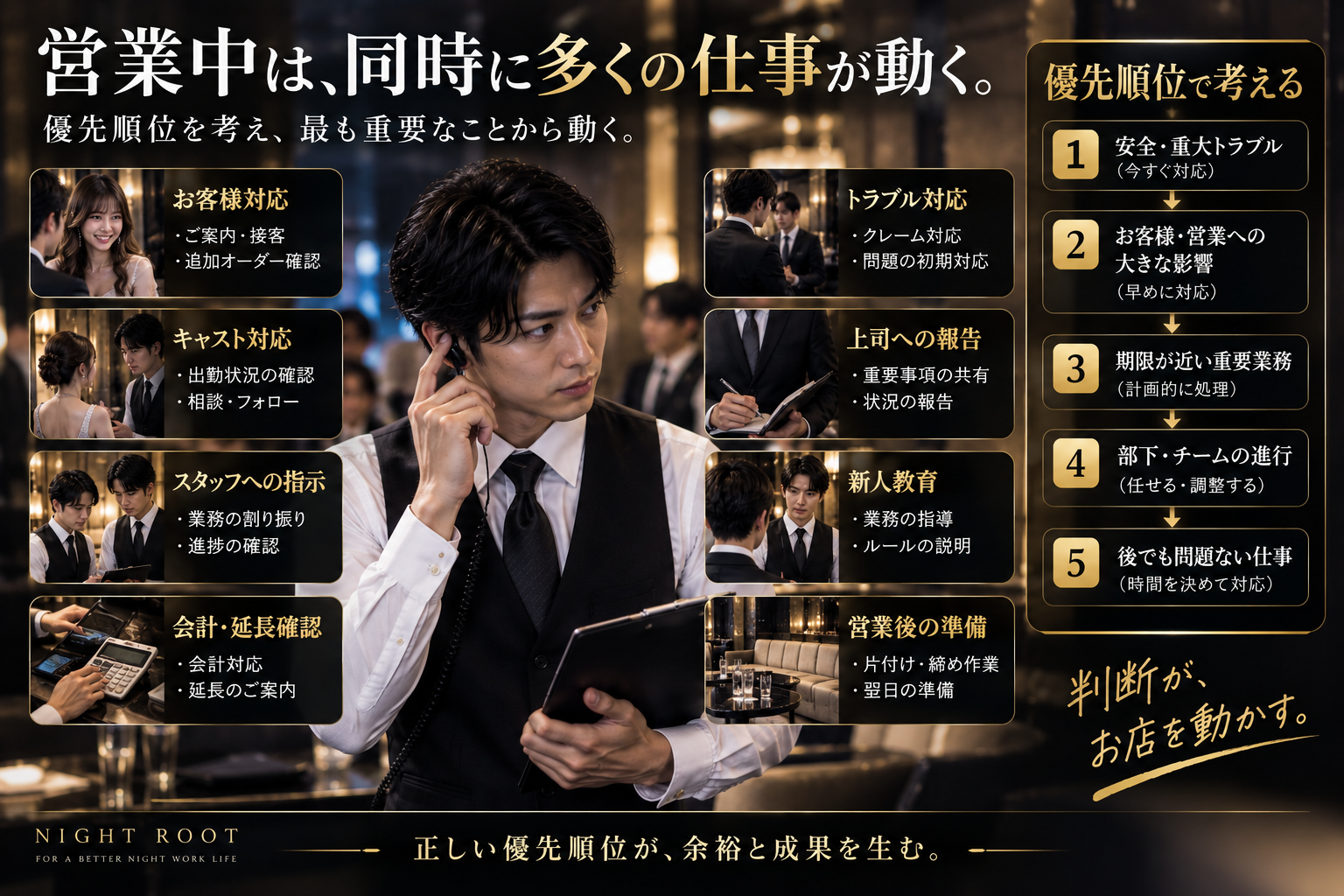 キャバクラの役職者が営業中に複数の仕事を整理し、安全・重大トラブル、お客様対応、期限、部下の進行、後回し可能な仕事の順で優先順位を判断する図解