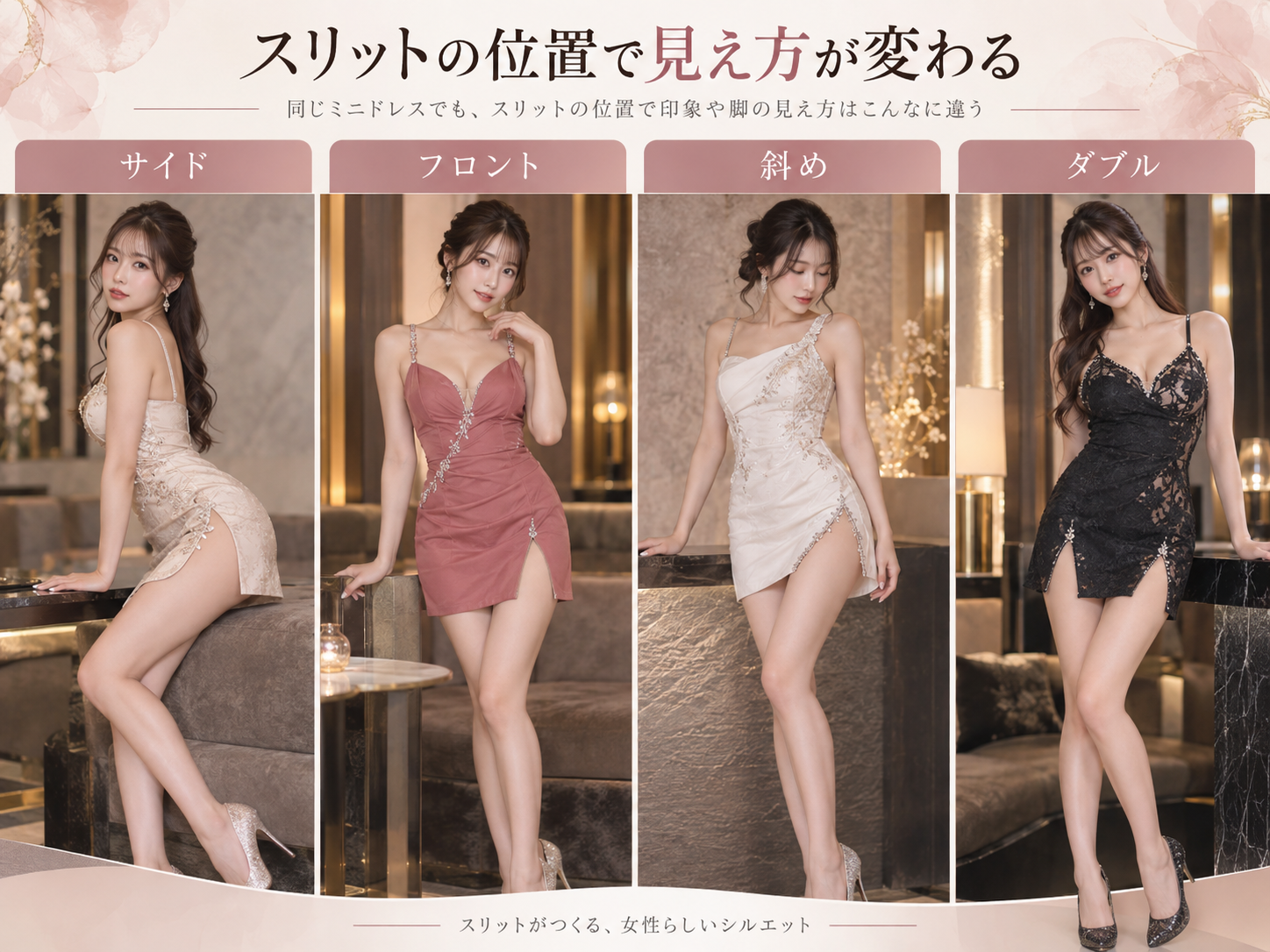 サイド・フロント・斜め・ダブルスリットによるミニドレスの見え方の違いを比較した画像