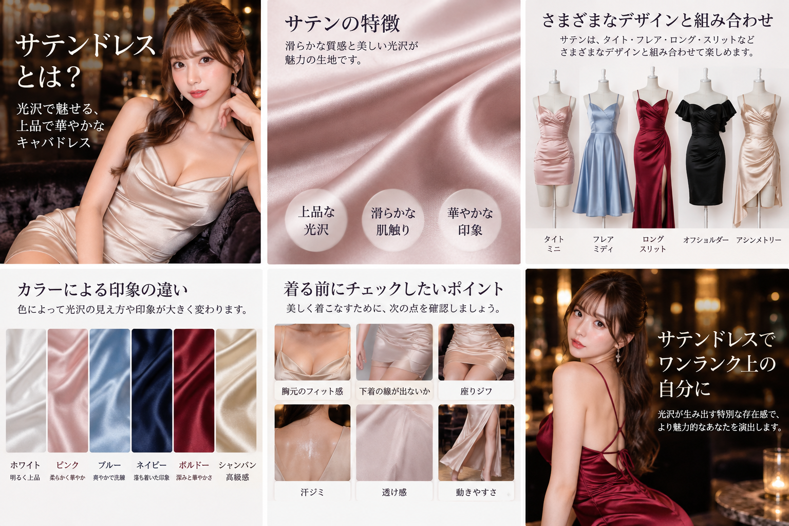 サテンドレスの基本構造とサテン特有の滑らかな光沢を解説した図解