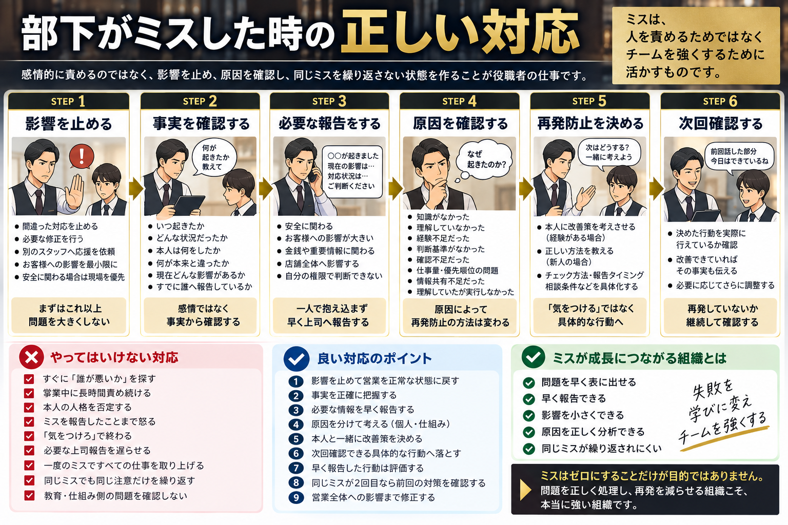キャバクラの黒服・役職者が部下のミスに対して、影響を止める・事実確認・報告・原因確認・再発防止・次回確認まで行う正しい対応手順を解説した図解