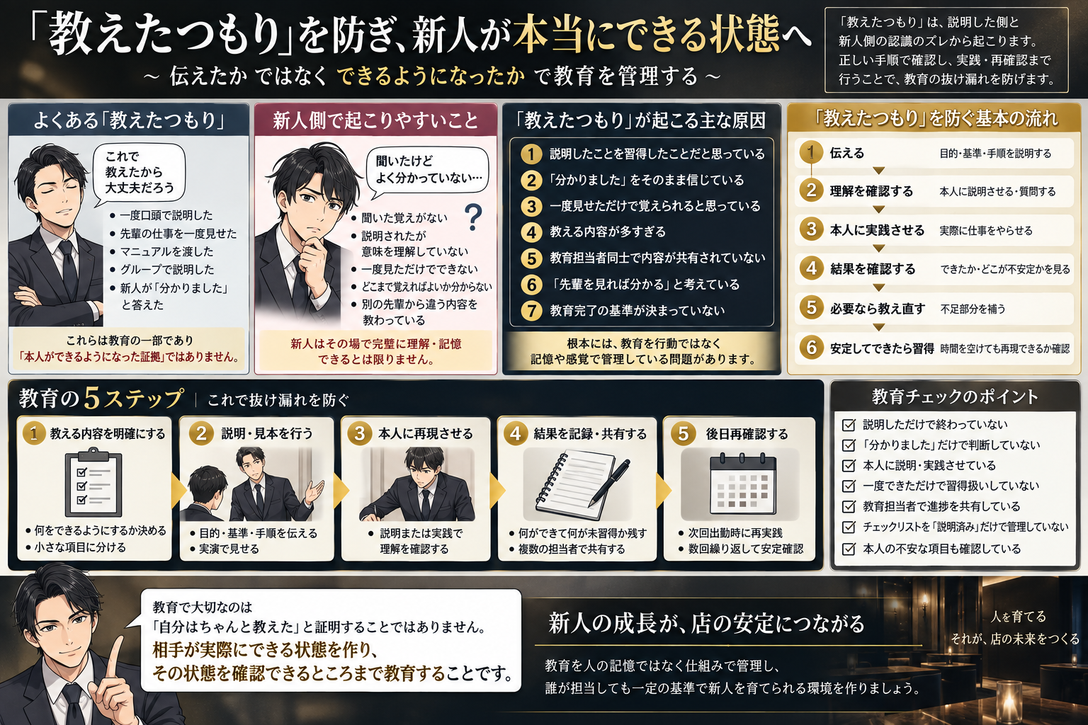新人黒服教育で教えたつもりを防ぎ、説明・理解確認・実践・結果確認・再教育・定着確認まで行う流れを解説した図解