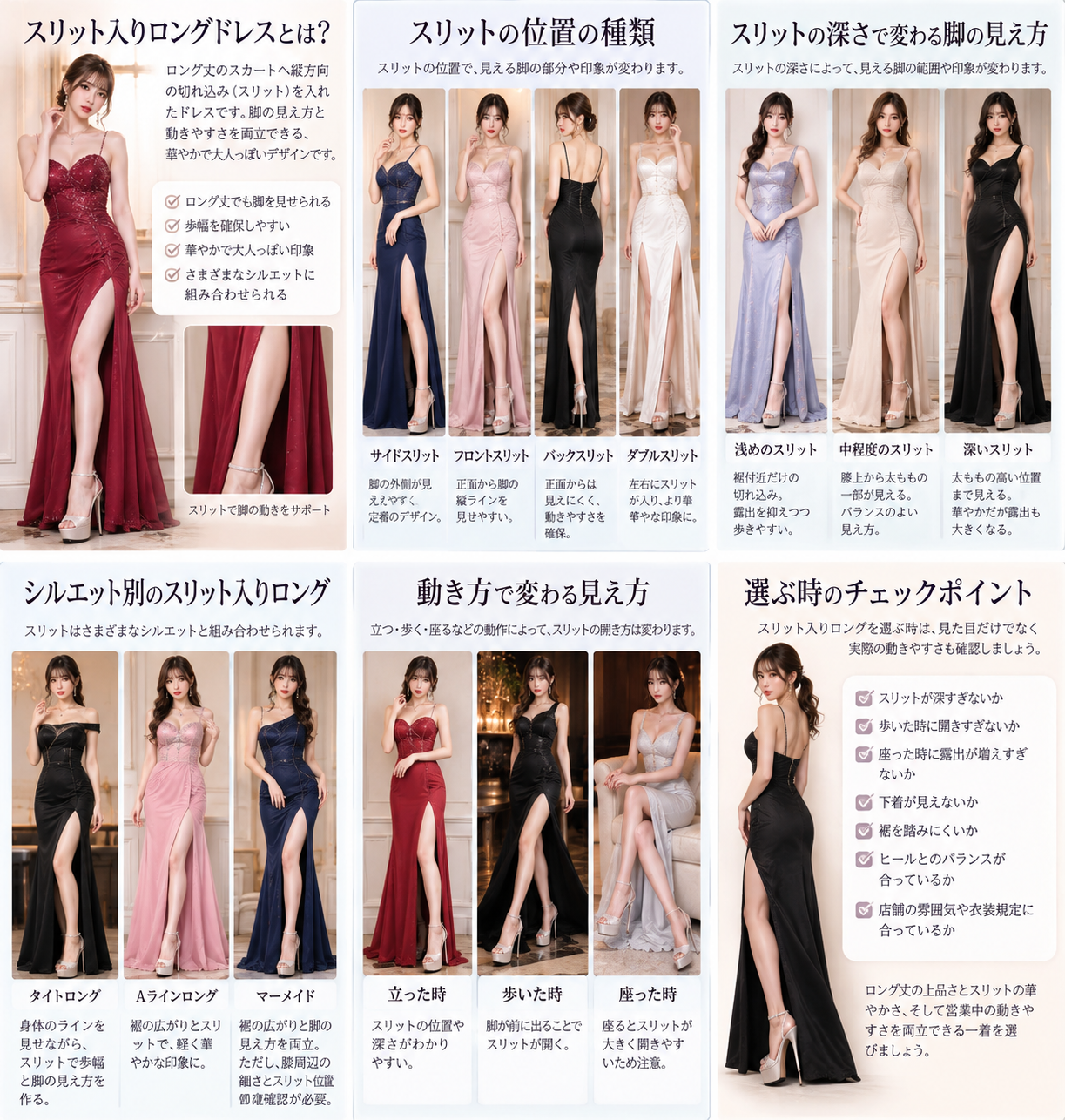 サイド・フロント・バック・ダブルスリットと浅め・中程度・深いスリットの違いを比較したロングドレス画像