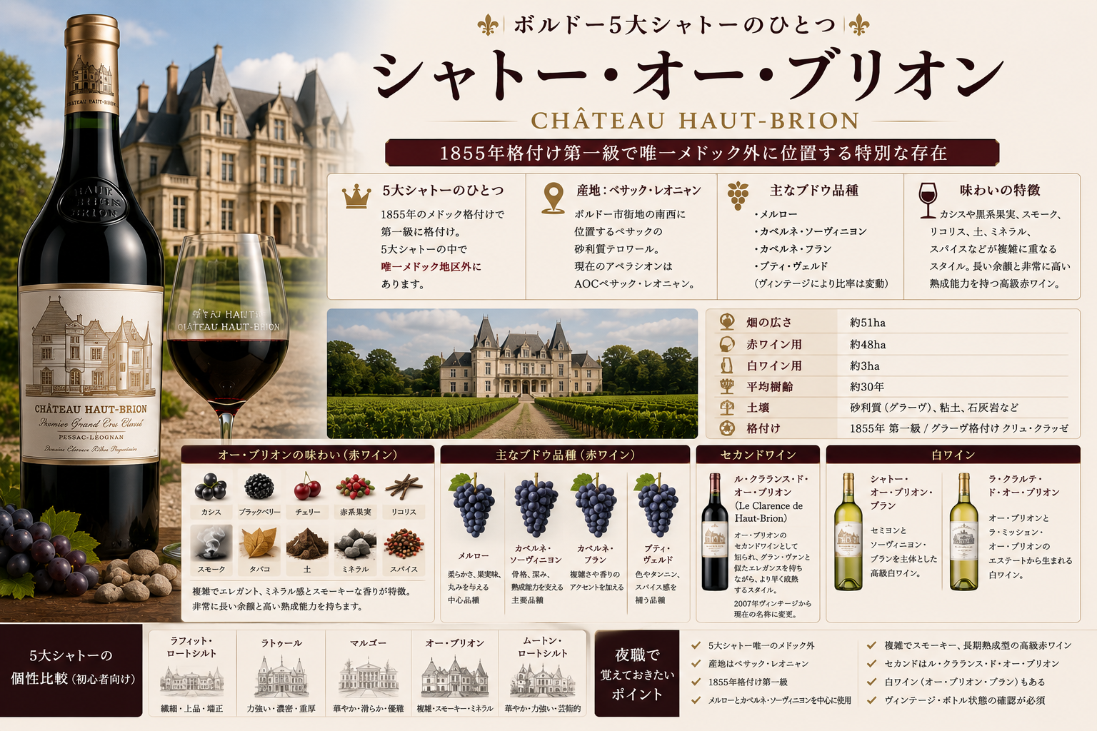シャトー・オー・ブリオンのボトルと赤ワイングラス、ペサック・レオニャンのシャトーと畑、味わい・主要品種・セカンドワイン・白ワインをまとめた図解