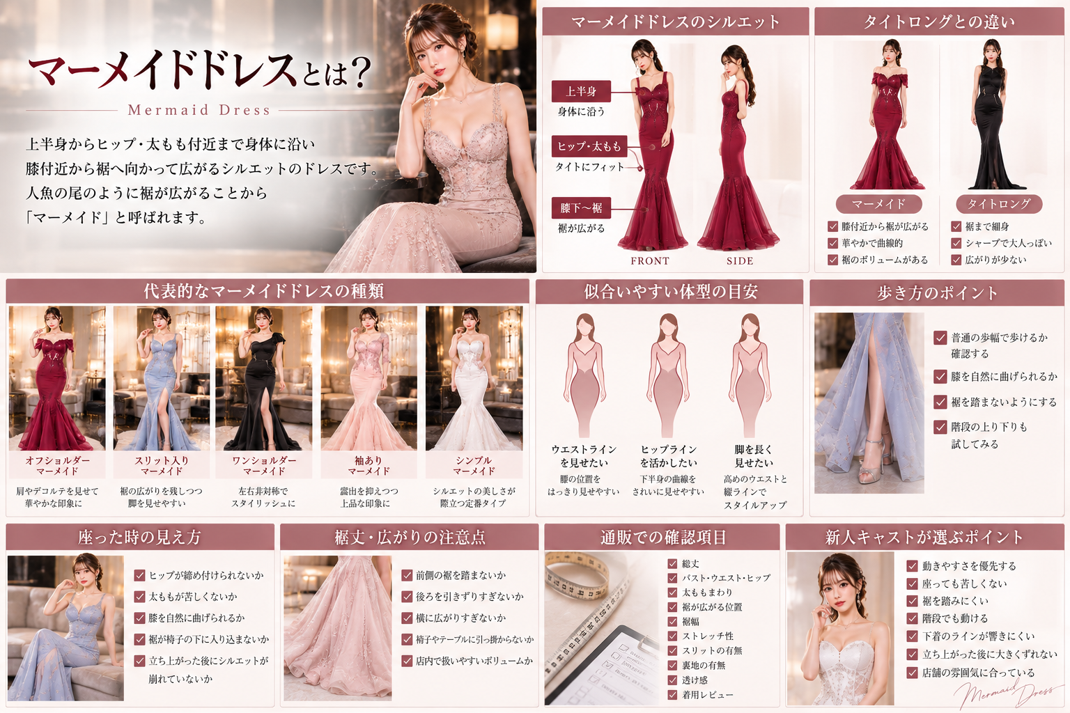 マーメイドドレスのシルエット・タイトロングとの違い・代表的な種類・似合いやすい体型・歩き方・座り方・裾丈を解説した画像