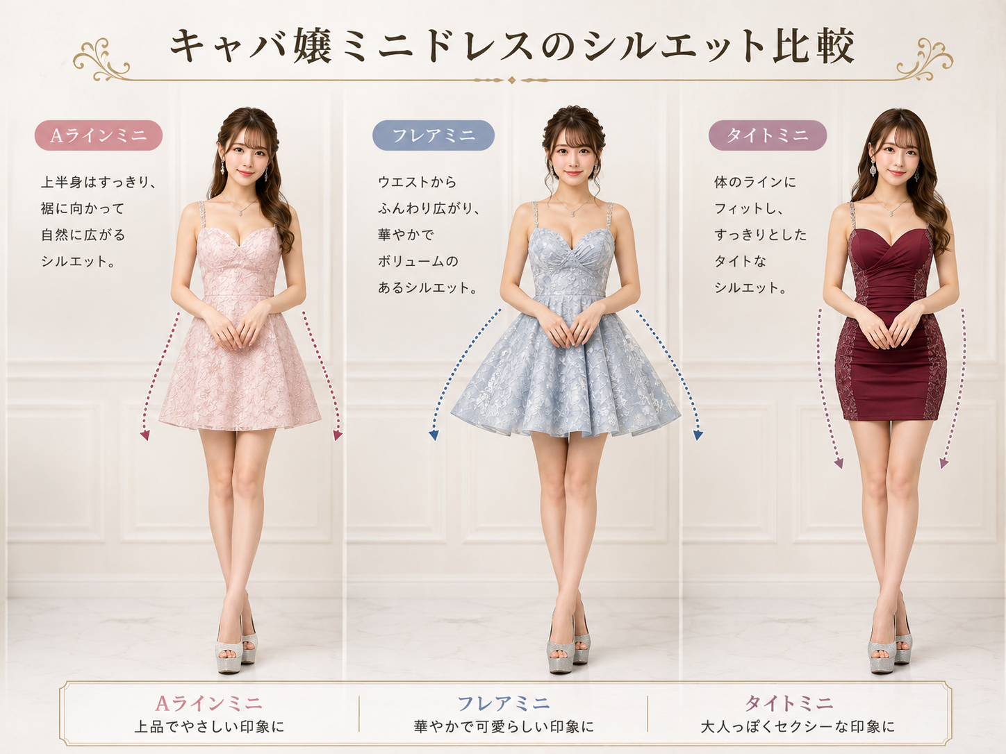 通販でAラインミニドレスを選ぶ際の着丈・モデル身長・ウエスト位置・裾の広がり・裏地・透け感・伸縮性のチェック画像
