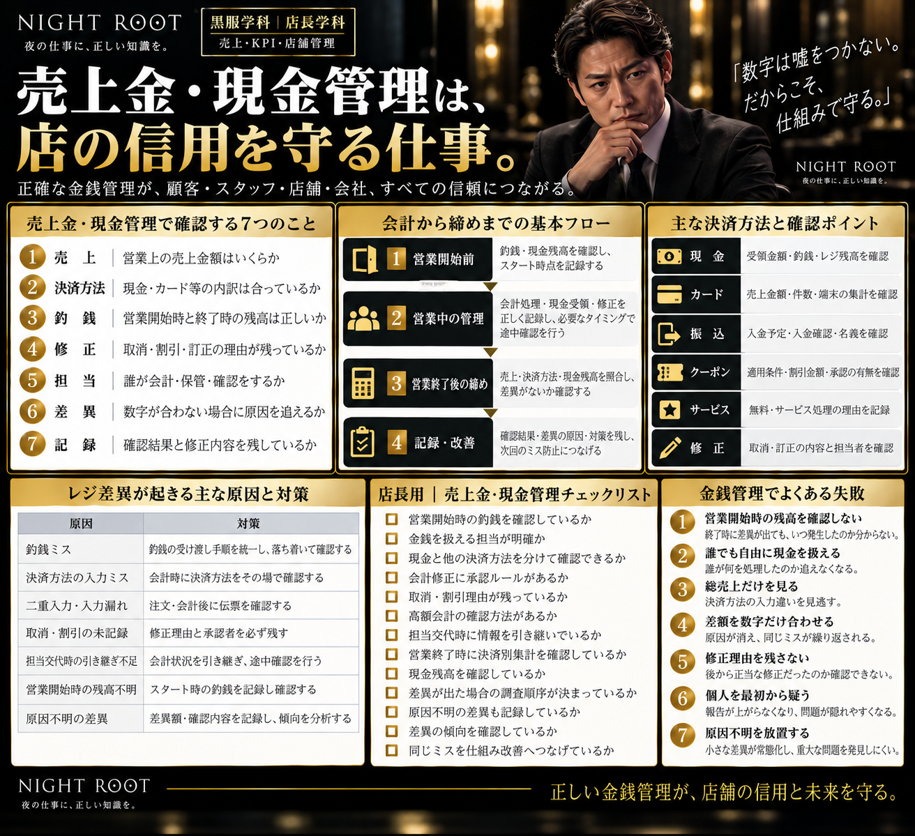 キャバクラ店長向けの売上金・現金管理実務図解。売上、決済方法、釣銭、修正、担当、差異、記録の7つの確認項目、営業開始前から締め作業までの基本フロー、現金・カード・振込などの確認ポイント、レジ差異の原因と対策、店長用チェックリスト、金銭管理でよくある失敗まで体系的に整理