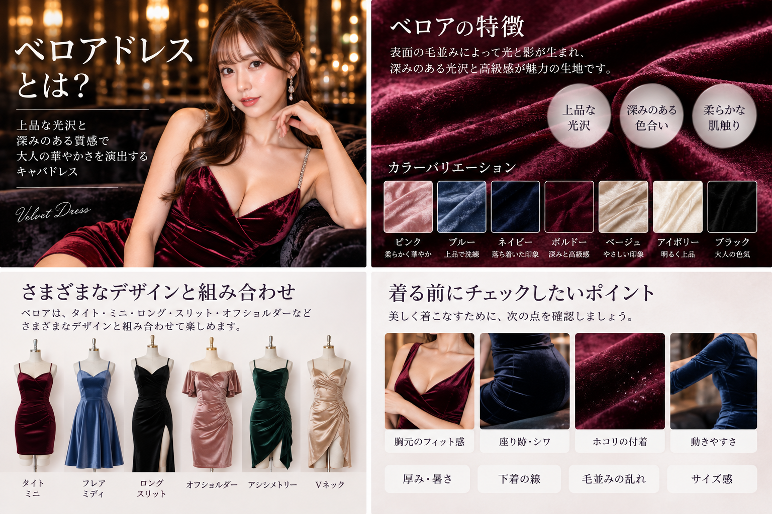 ベロアドレスを通販で購入する前に確認したい生地の厚さ・毛足・光沢・ストレッチ・裏地・サイズ・レビューのチェックリスト