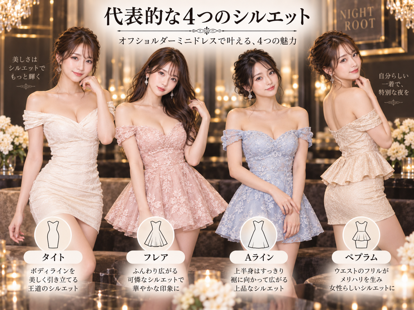 二の腕・肩幅・低身長・高身長など体型とオフショルダーミニドレスの見え方を比較した画像