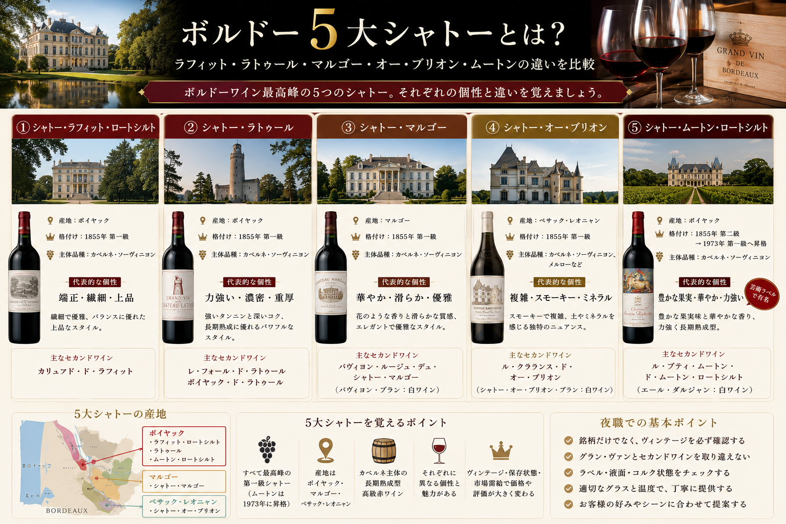 ボルドー5大シャトーのラフィット、ラトゥール、マルゴー、オー・ブリオン、ムートンを産地・格付け・味わい・セカンドワインで比較した図解