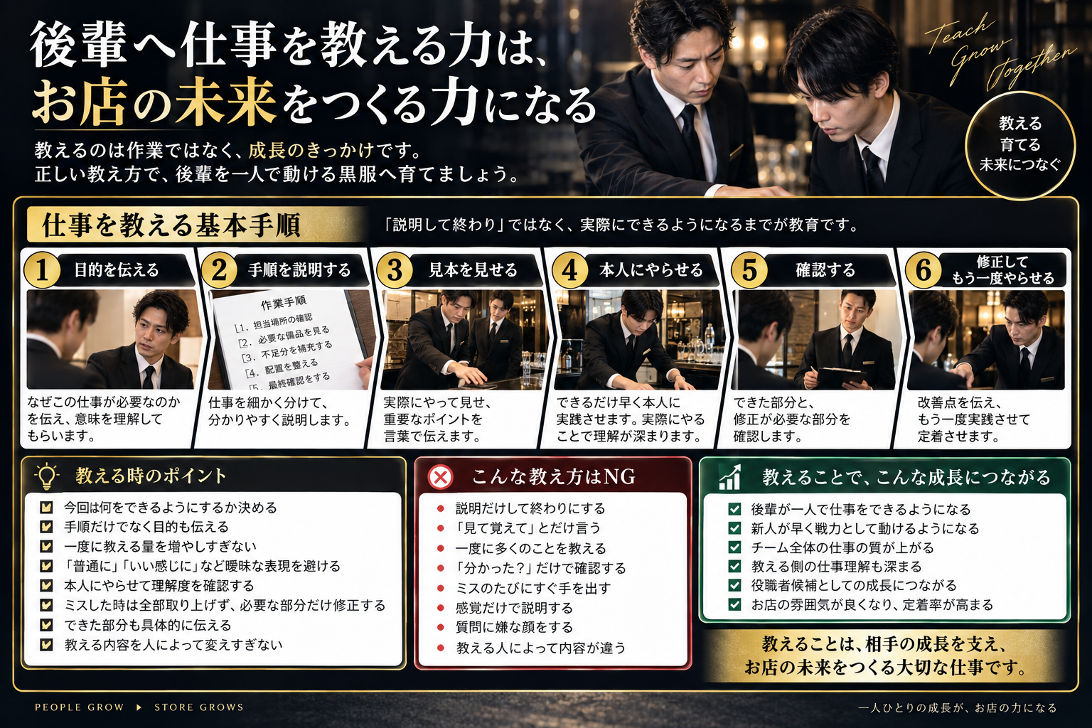 黒服の先輩が後輩へ仕事を教える基本手順と、教える時のポイント・避けたい教え方・育成による成長をまとめた図解