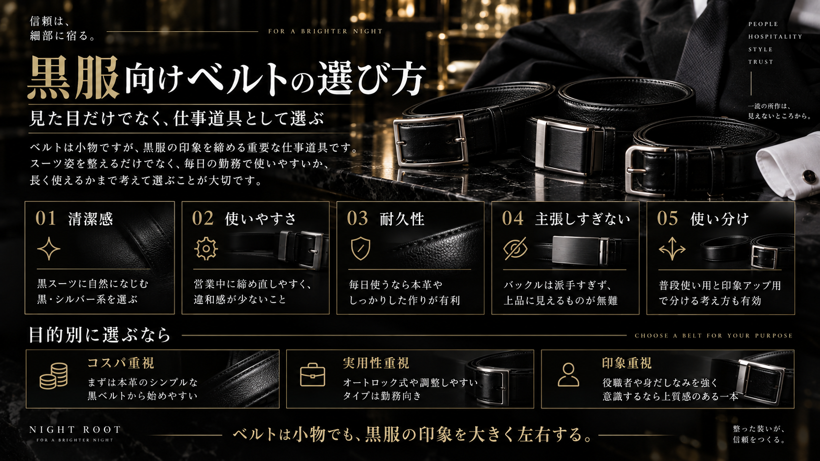 黒服向けベルトの選び方を清潔感・使いやすさ・耐久性・デザイン・用途別にまとめた図解
