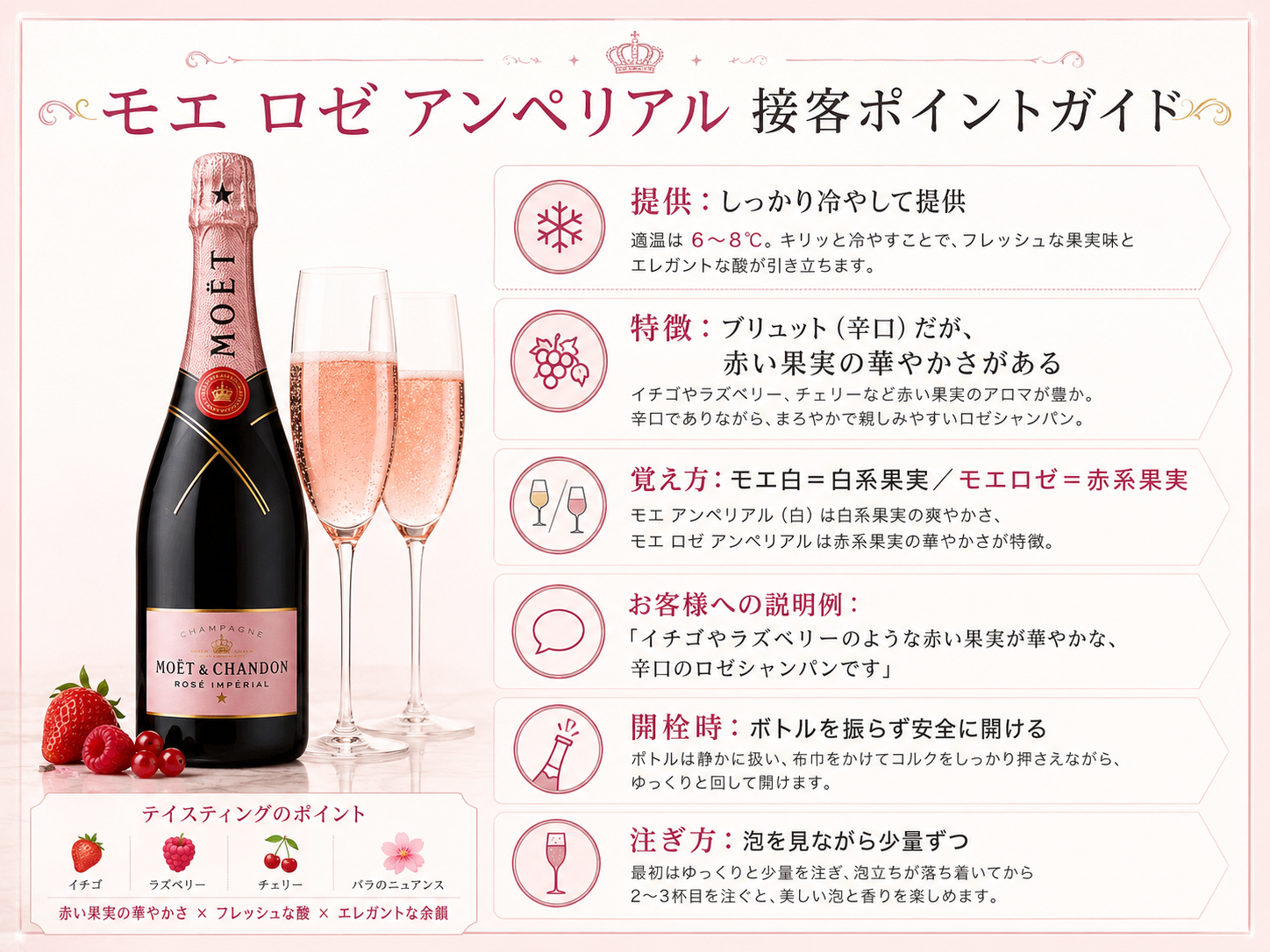 モエ ロゼ アンペリアルの提供温度・味の特徴・モエ白との違い・接客での説明例・開栓と注ぎ方をまとめた図解