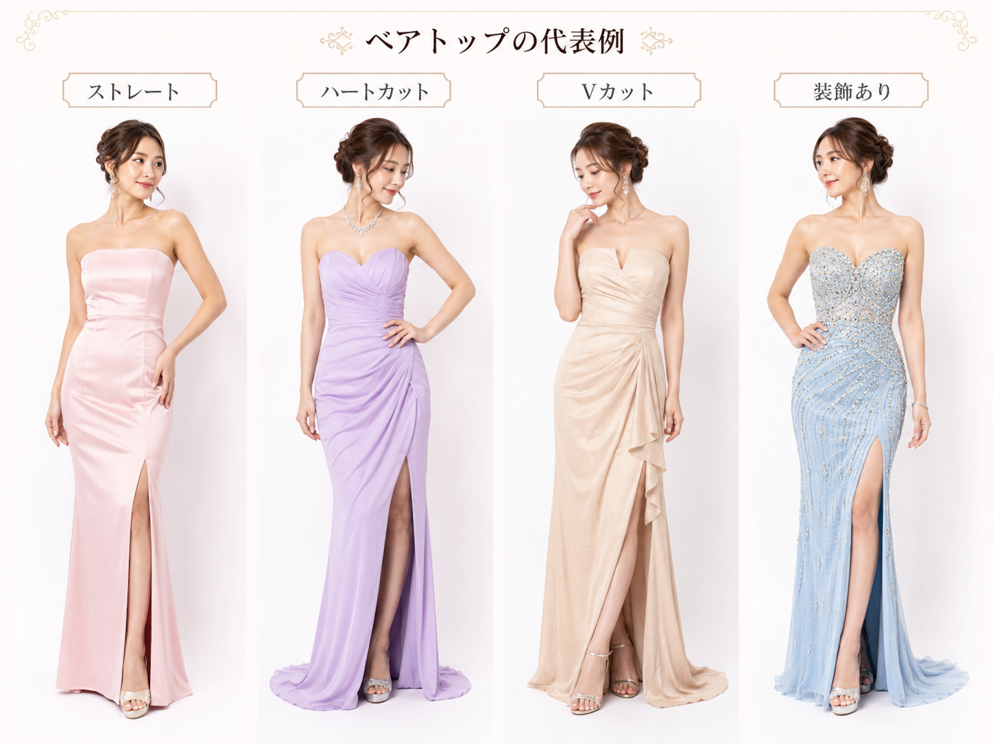 ストレート・ハートカット・Vカット・装飾ありのベアトップドレスを比較した画像