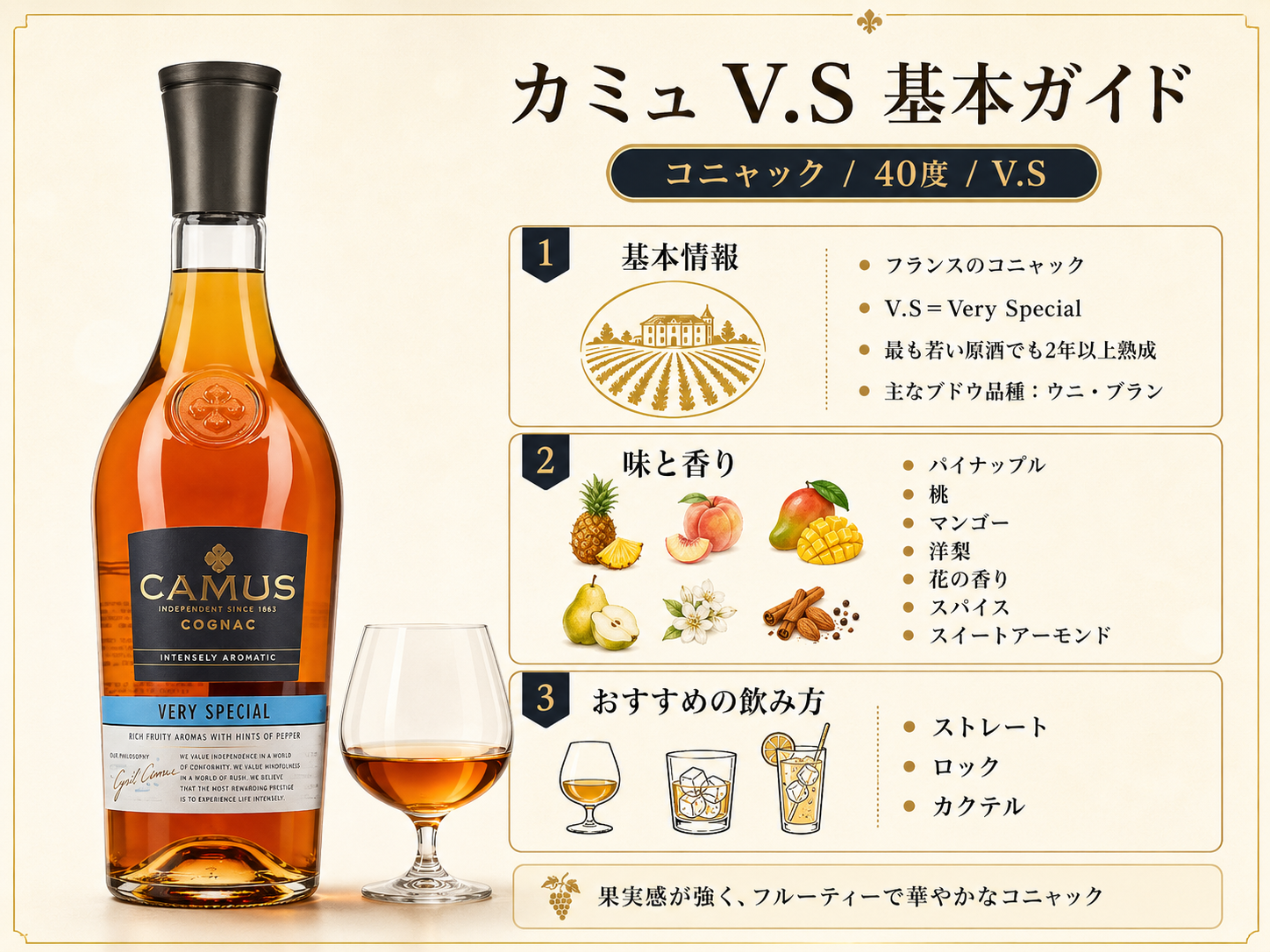 カミュV.Sの40度・2年以上熟成・味と香り・おすすめの飲み方をまとめた基本情報図解