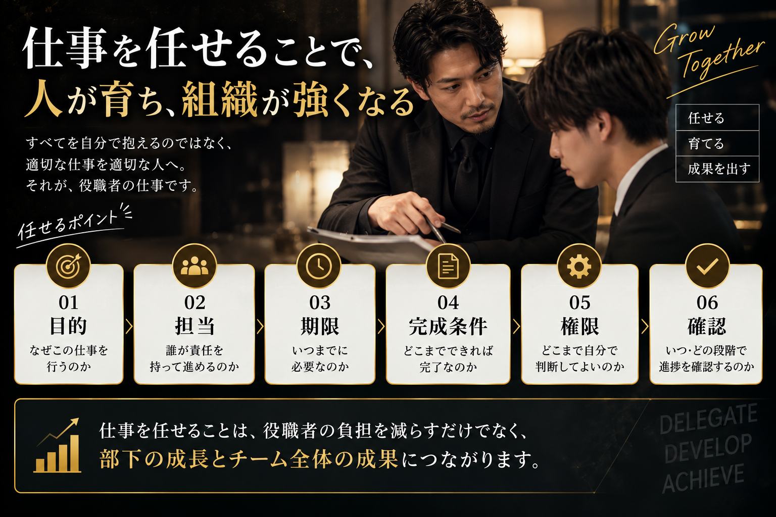 キャバクラの役職者が部下へ仕事を任せる際に、目的・担当・期限・完成条件・権限・確認を整理しながら育成と成果につなげる委任の基本を示した図解