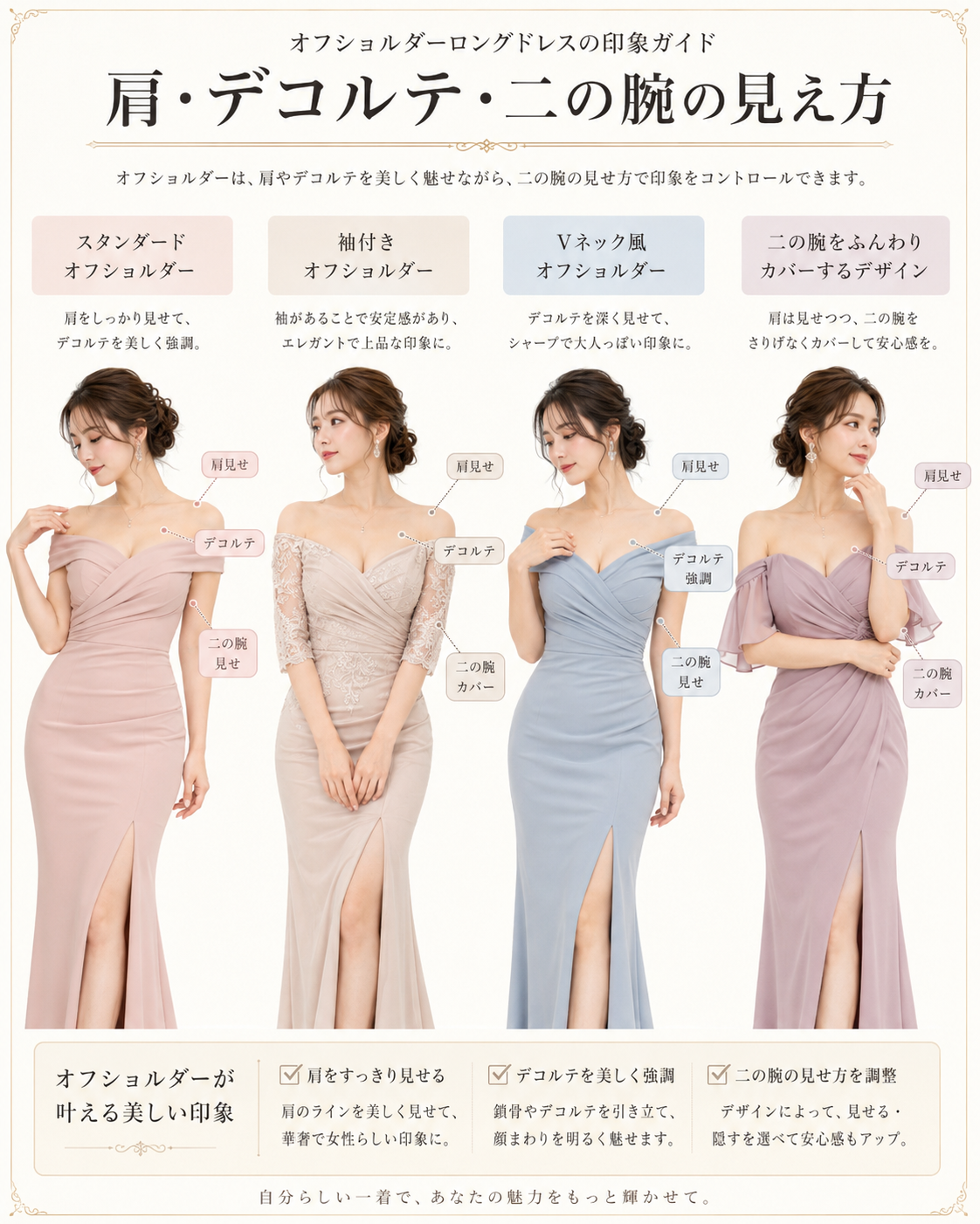 オフショルダーロングドレスの歩き方・階段・裾丈・ヒールの高さと営業中の動きやすさを解説した画像