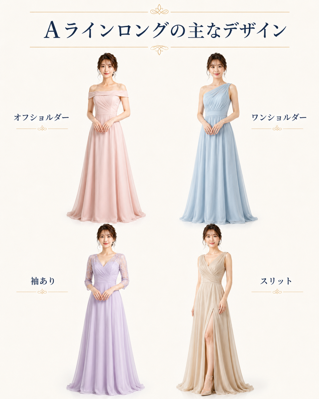 Aライン・タイト・マーメイドのロングドレスのシルエットを比較した画像