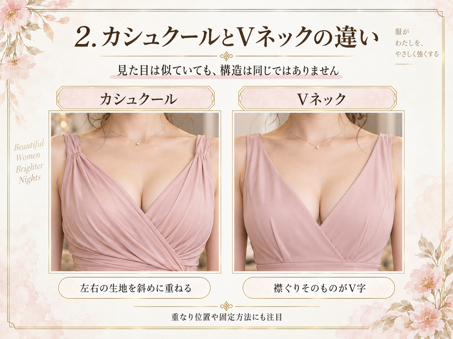 カシュクールドレスとVネックドレスの構造の違いを比較した図解