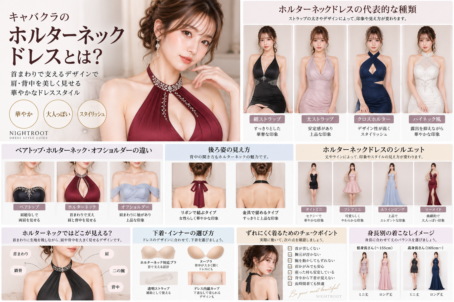 ホルターネックドレスの後ろ姿・下着・内蔵カップ・ずれにくさ・身長別の着こなしを解説した画像