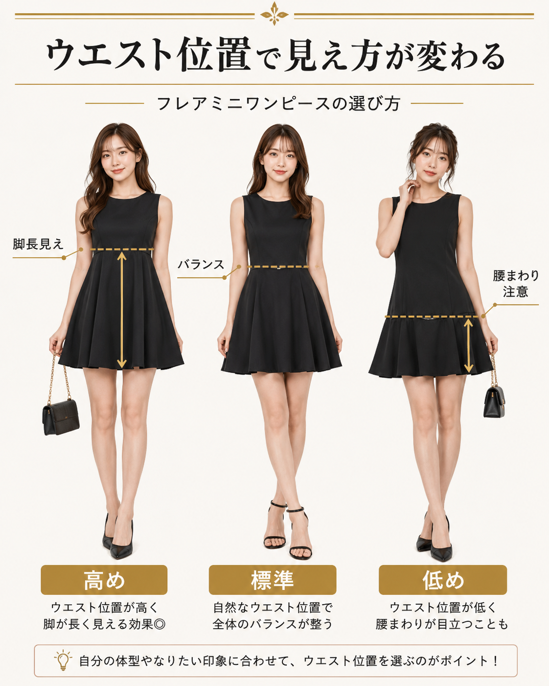 フレアミニドレスの高め・標準・低めのウエスト位置による見え方の違いを比較した画像