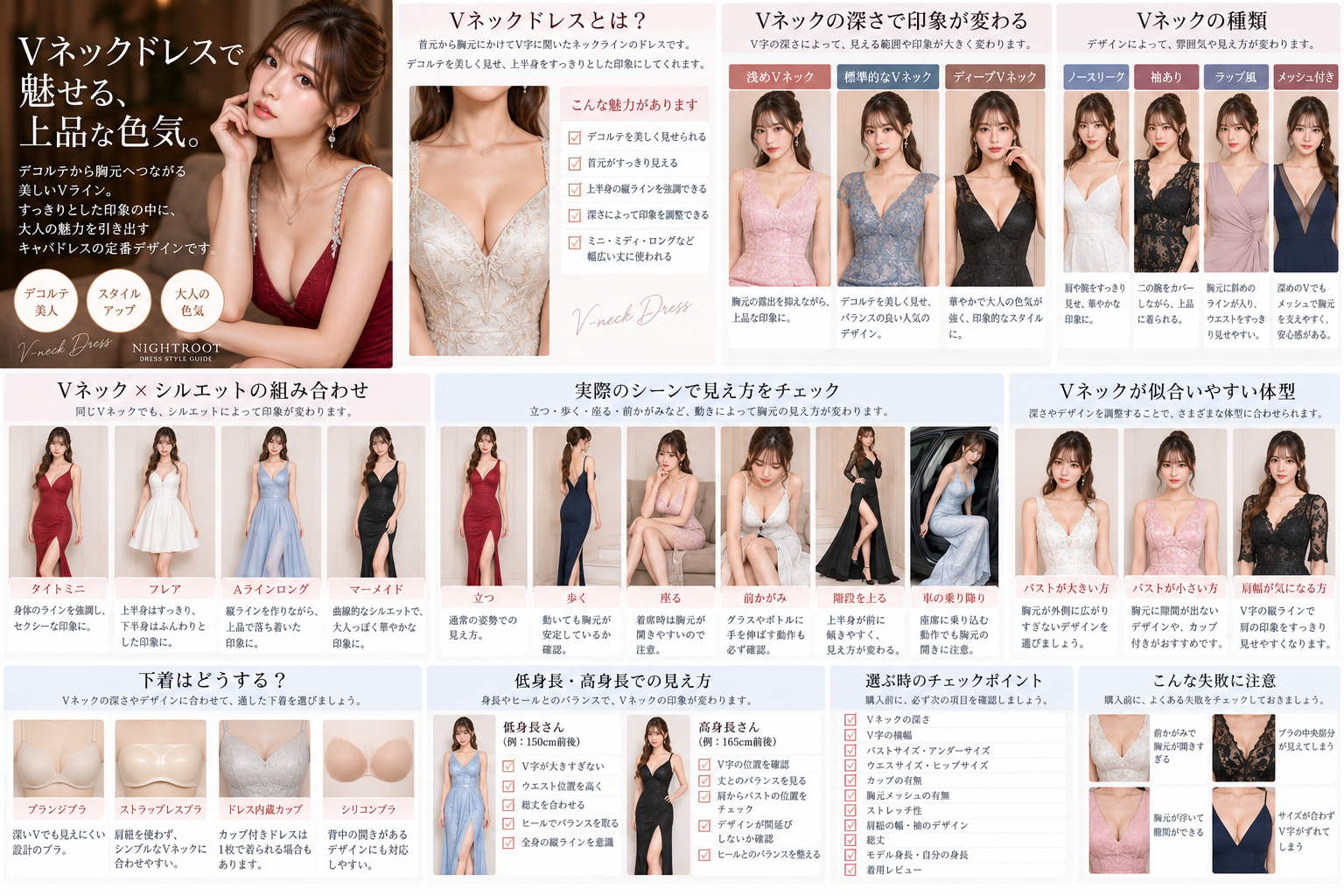 ノースリーブ・袖あり・ラップ風・メッシュ付きなどVネックドレスの種類を比較した画像