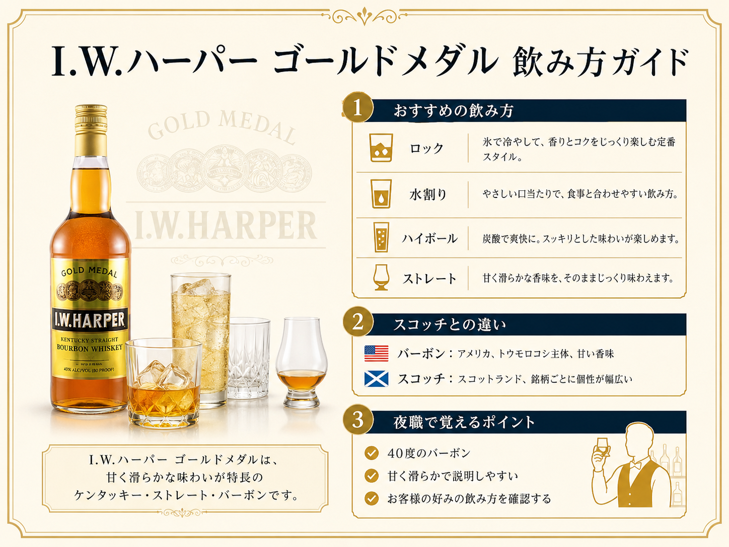 I.W.ハーパー ゴールドメダルのロック・水割り・ハイボール・ストレートの飲み方とスコッチとの違い・夜職での接客ポイントをまとめた図解
