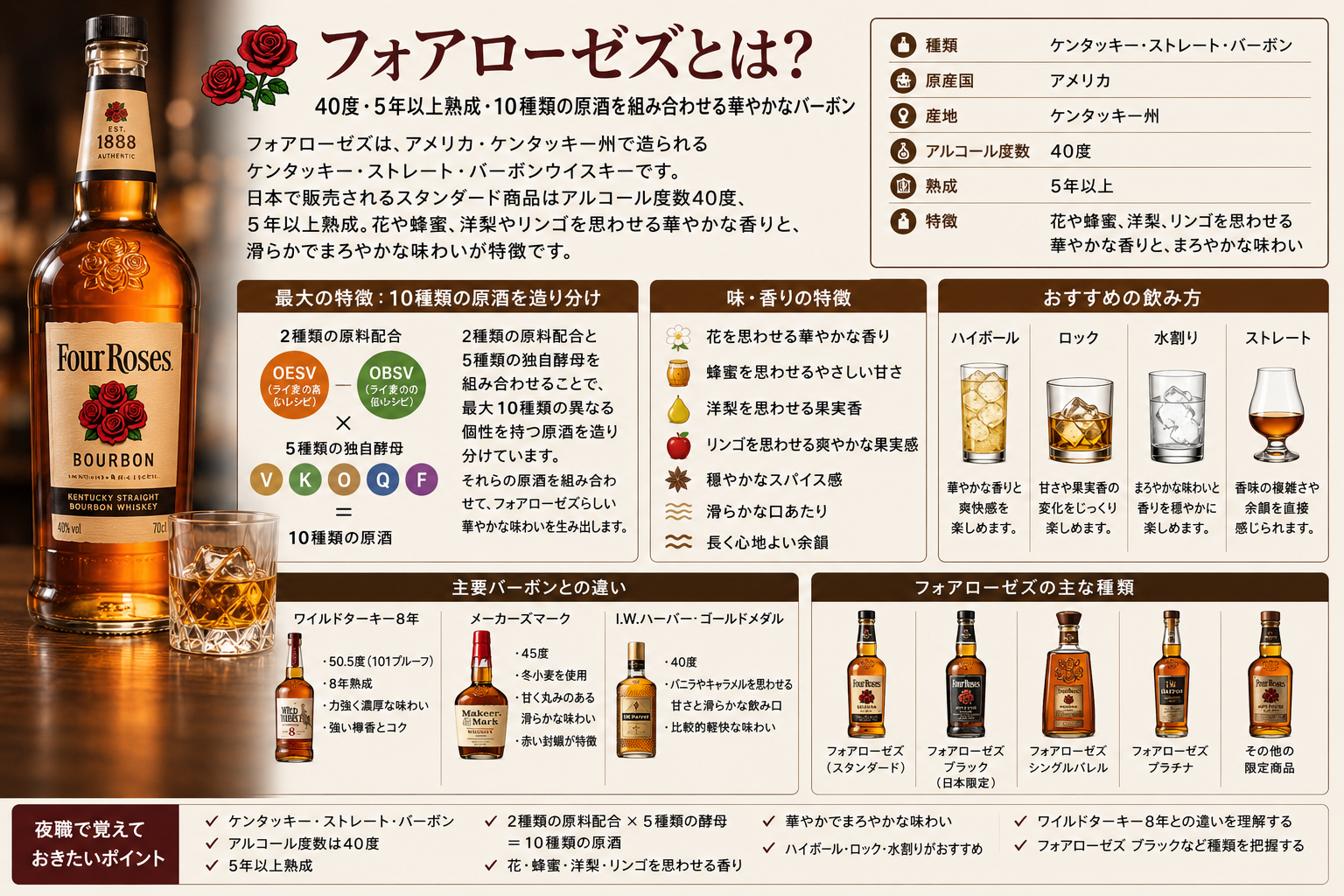 フォアローゼズの40度・5年以上熟成・10種類の原酒・味と香り・おすすめの飲み方をまとめた図解