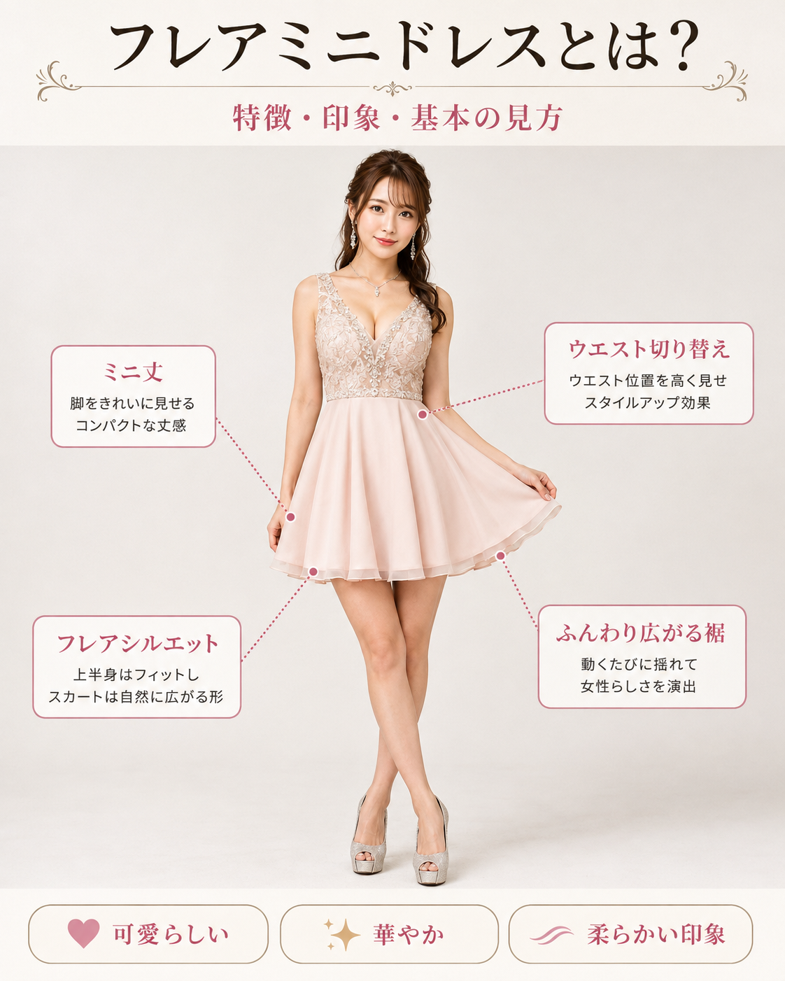 フレアミニドレスの特徴・ミニ丈・ウエスト切り替え・裾の広がりを解説した画像