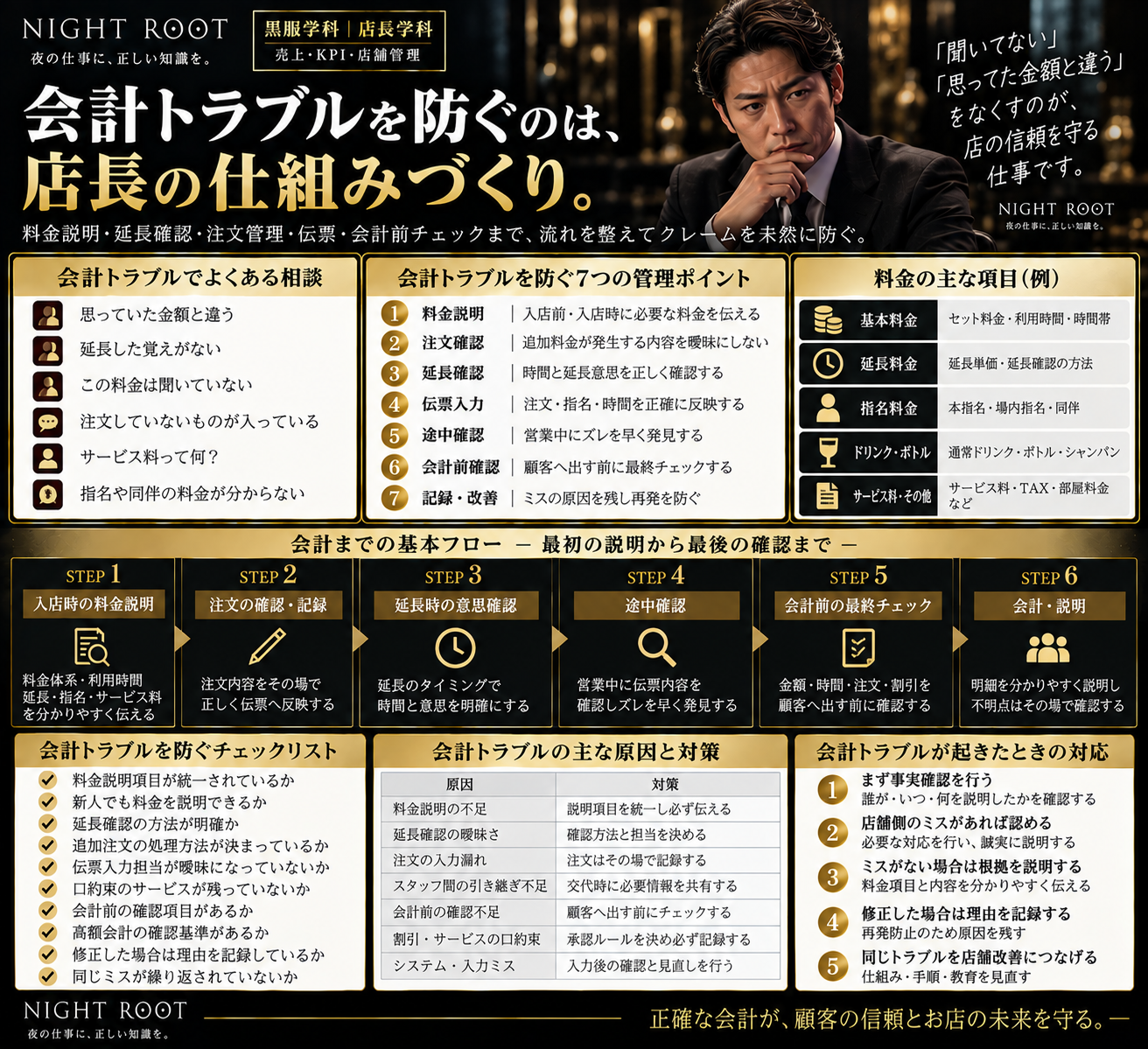 キャバクラ店長向けの会計トラブル防止実務図解。料金説明、注文確認、延長確認、伝票入力、途中確認、会計前確認、記録改善の7つの管理ポイント、料金項目、会計までの基本フロー、よくある原因と対策、トラブル発生時の対応、店長用チェックリストまで体系的に整理