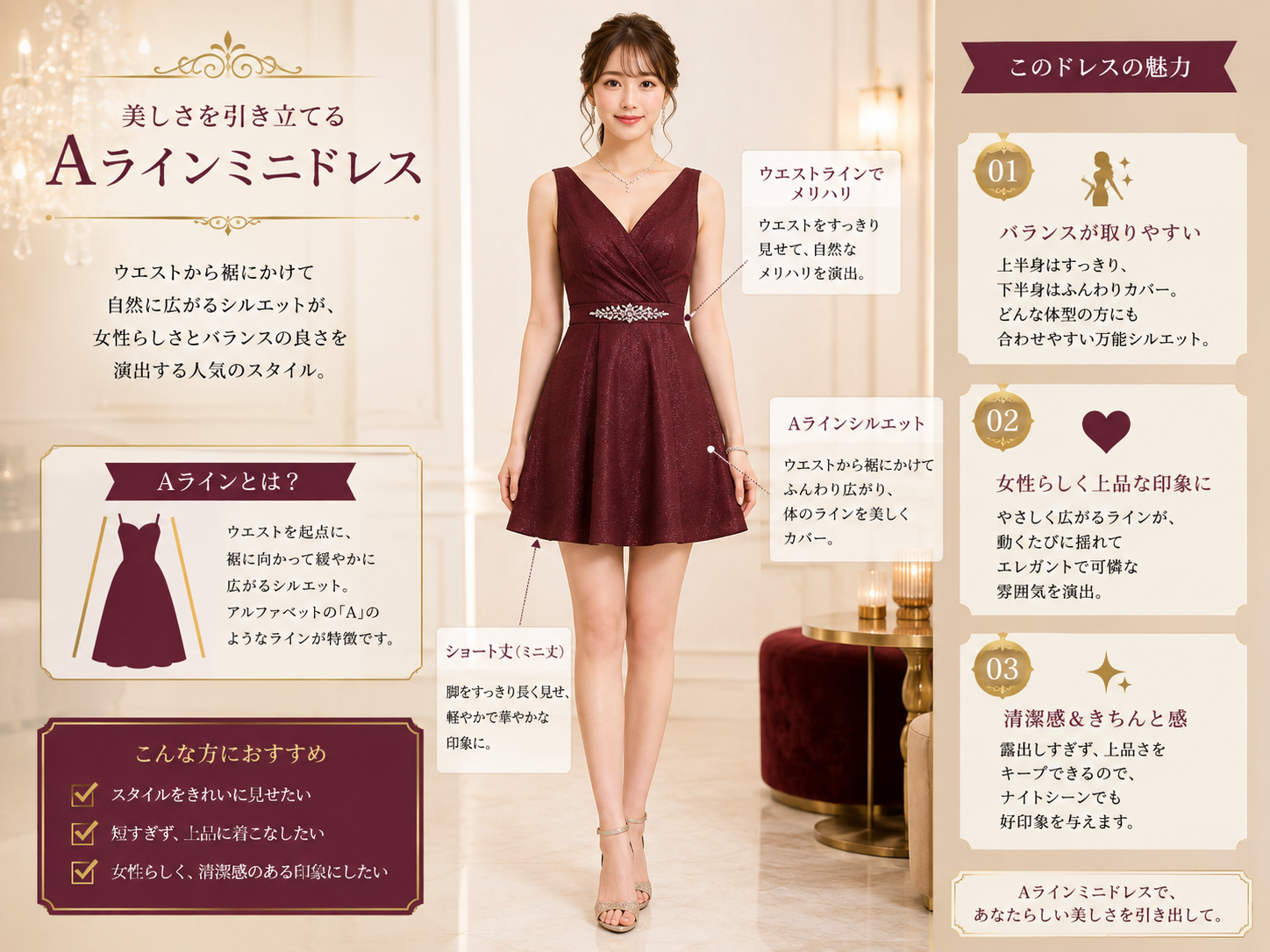 Aラインミニドレスの立ち姿と座り姿を比較し裾の長さ・太ももの見え方・扱いやすさを確認する画像