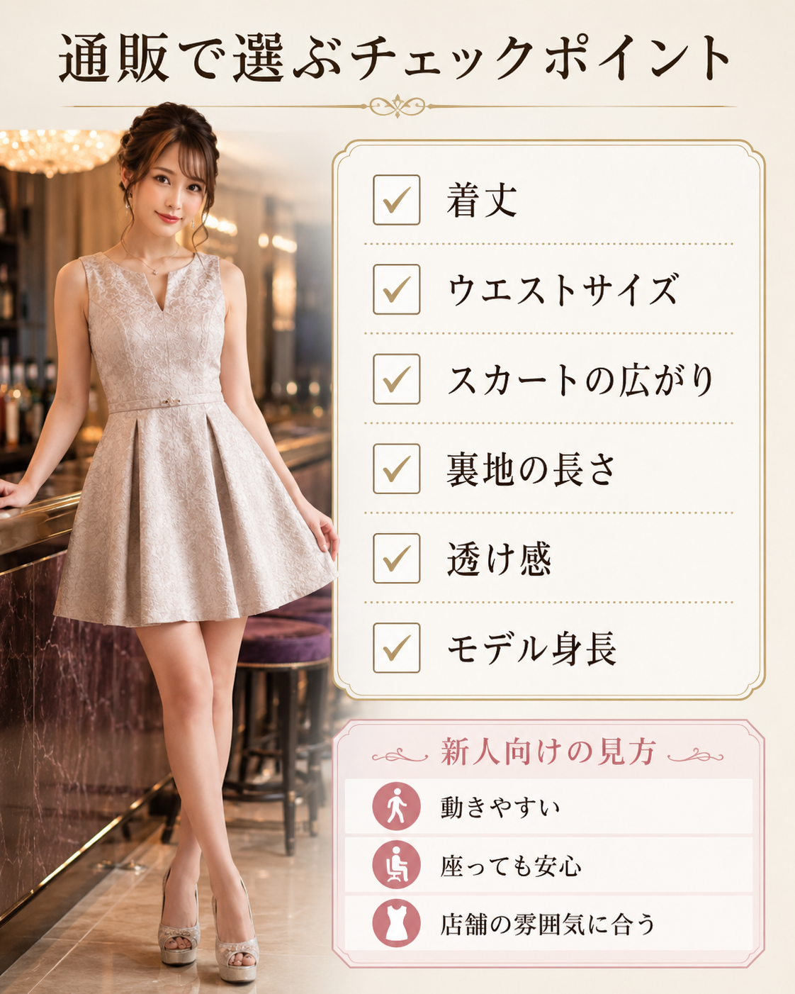 通販でフレアミニドレスを選ぶ際の着丈・ウエスト・スカートの広がり・裏地・透け感・モデル身長のチェック画像