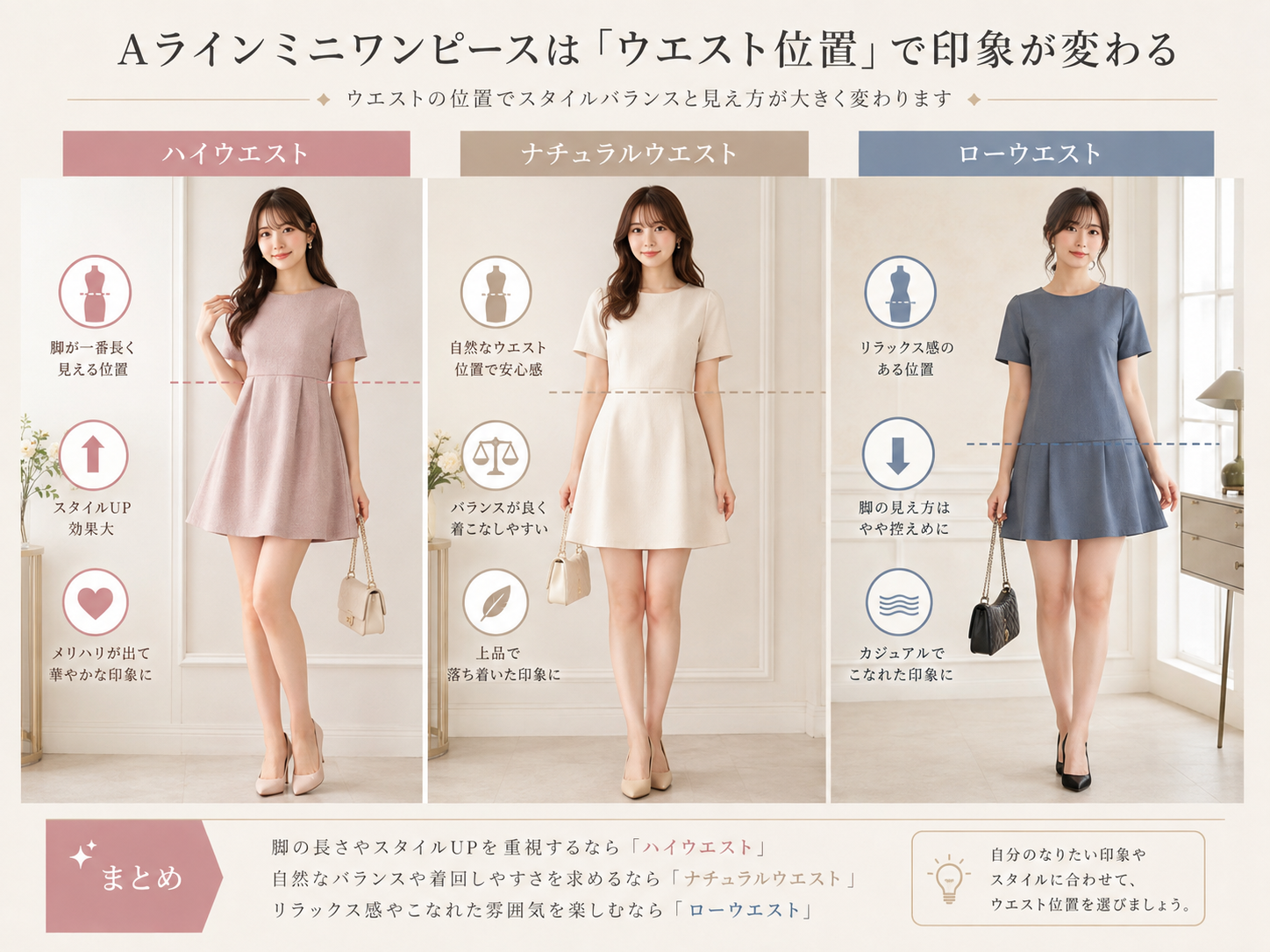 Aラインミニドレスのハイウエスト・自然なウエスト・低めのウエスト位置による見え方の違いを比較した画像